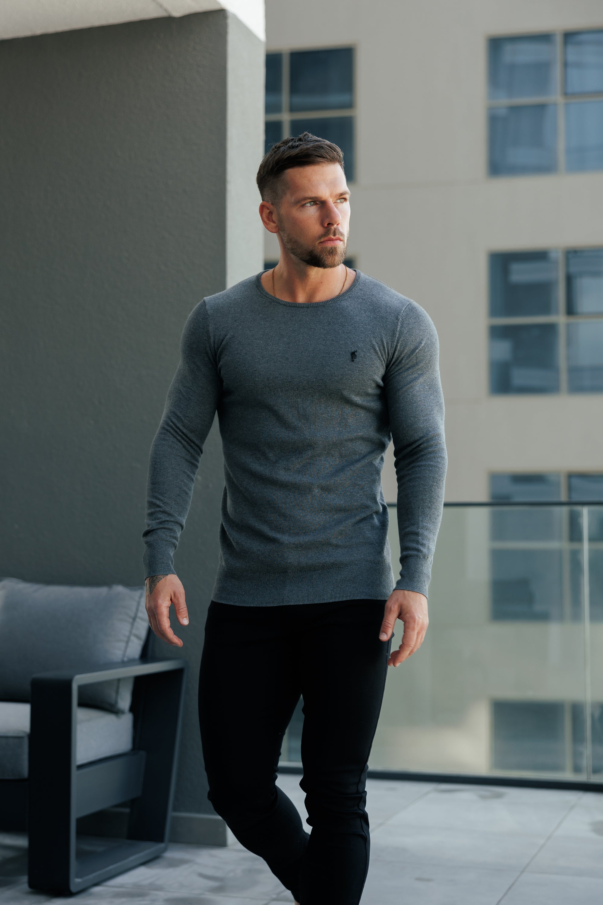 Charcoal Crew Neck Knitted Jumper With FS Branding - FSN198