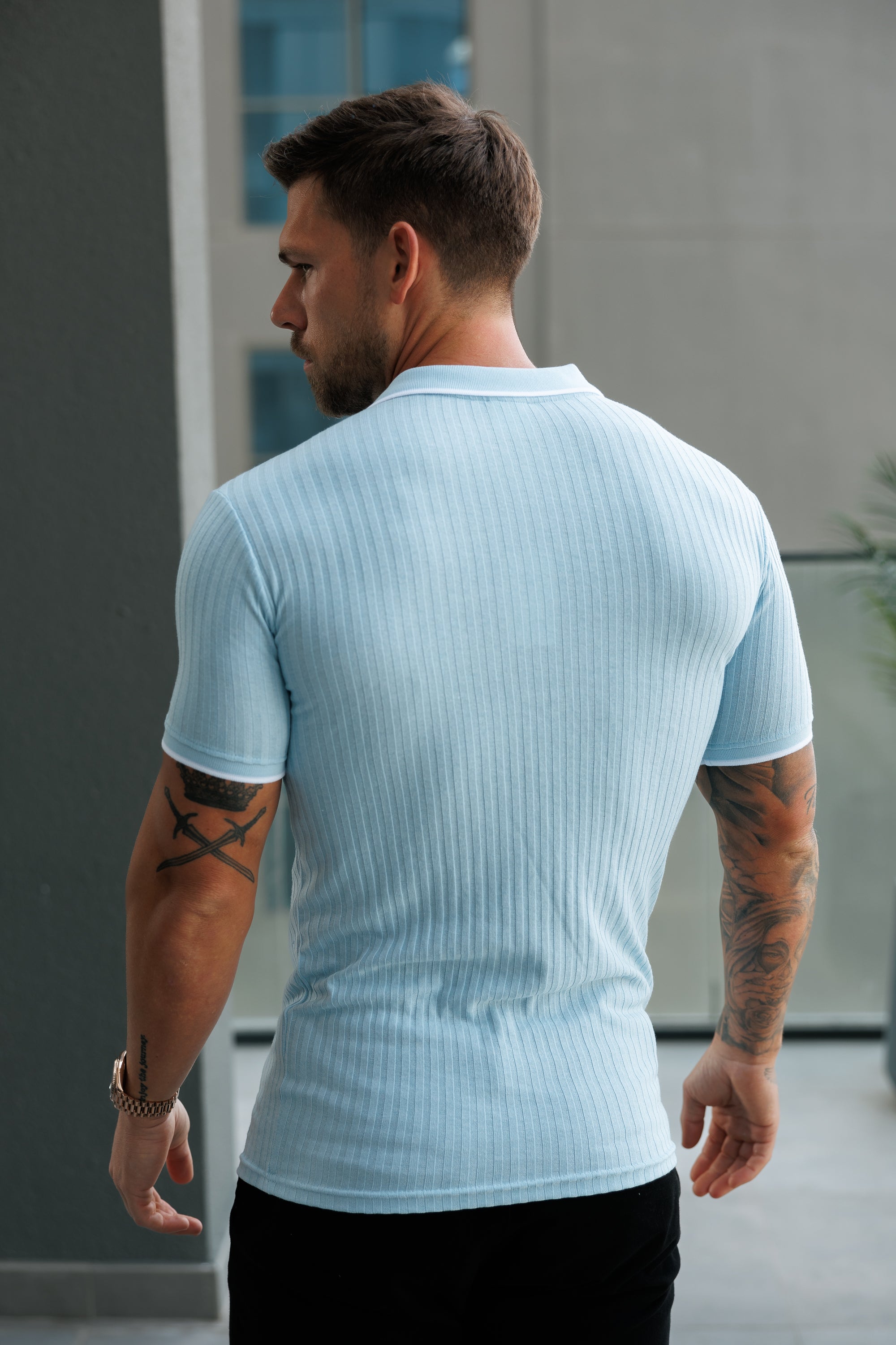 Classic Powder Blue Ribbed Zip Polo with Contrast Short Sleeve - FSH1106