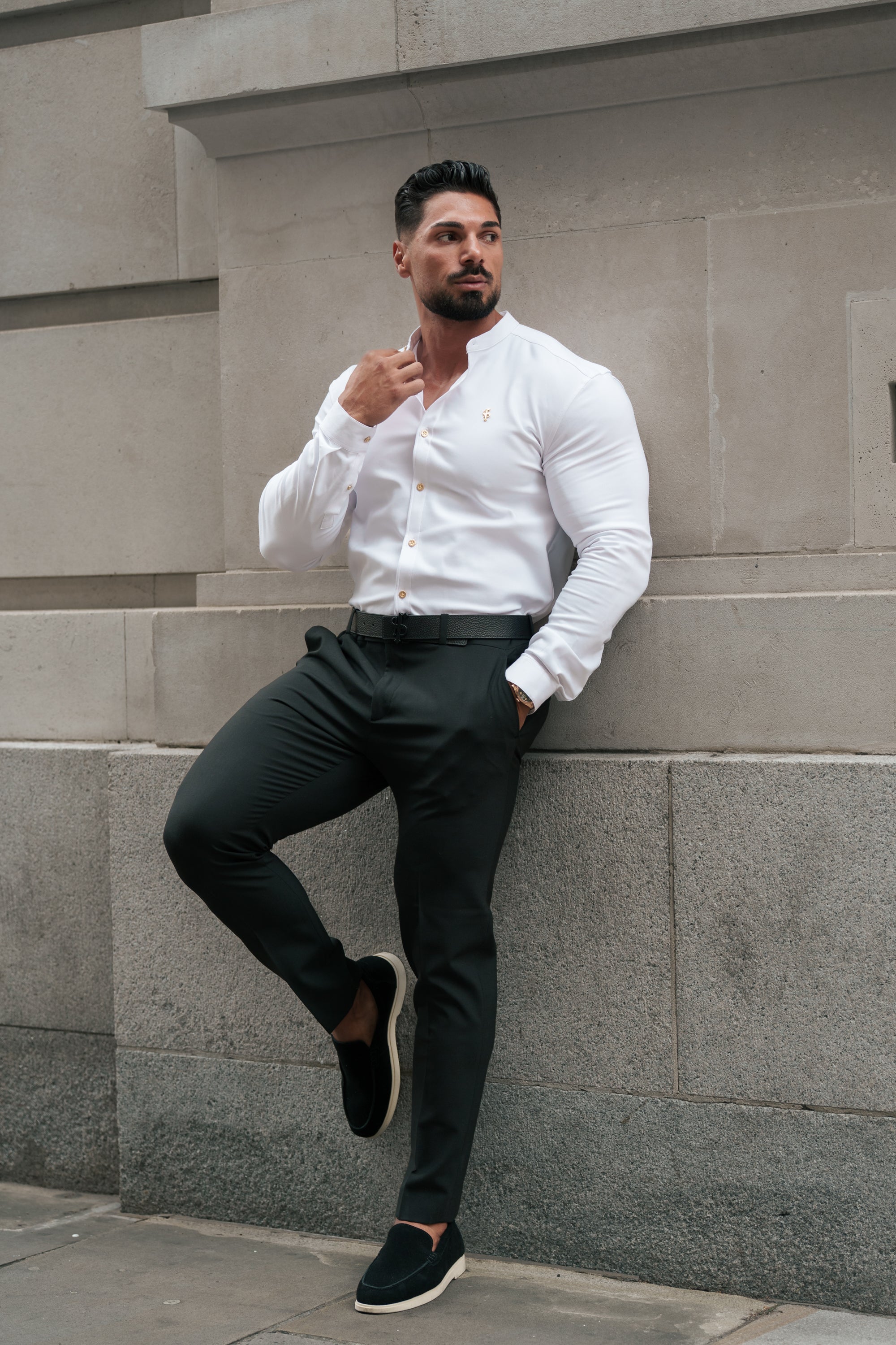 Super Slim Scuba White / Gold Long Sleeve Stretch with Grandad Collar - FS1193