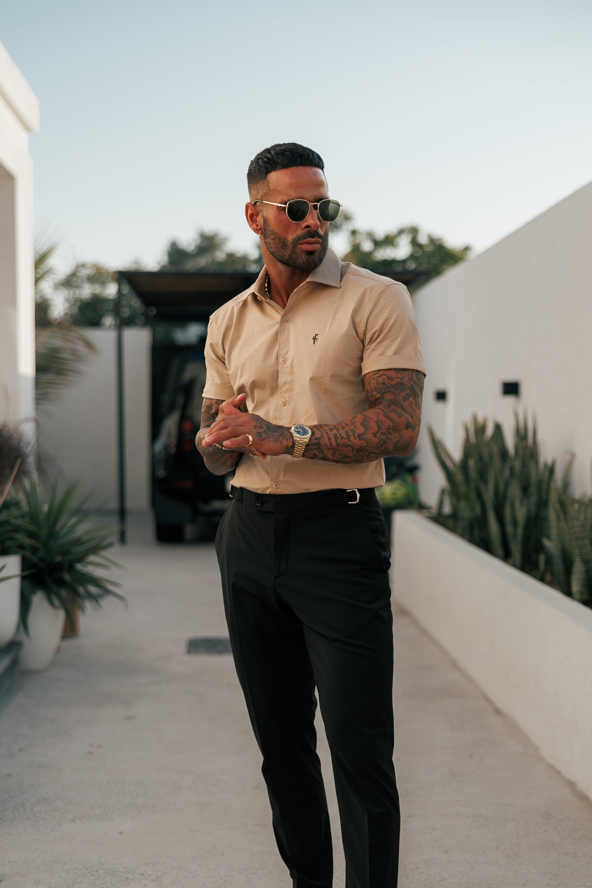 Super Slim Stretch Beige Short Sleeve with Cutaway Collar - FS1161 (PRE ORDER 31ST MAY)