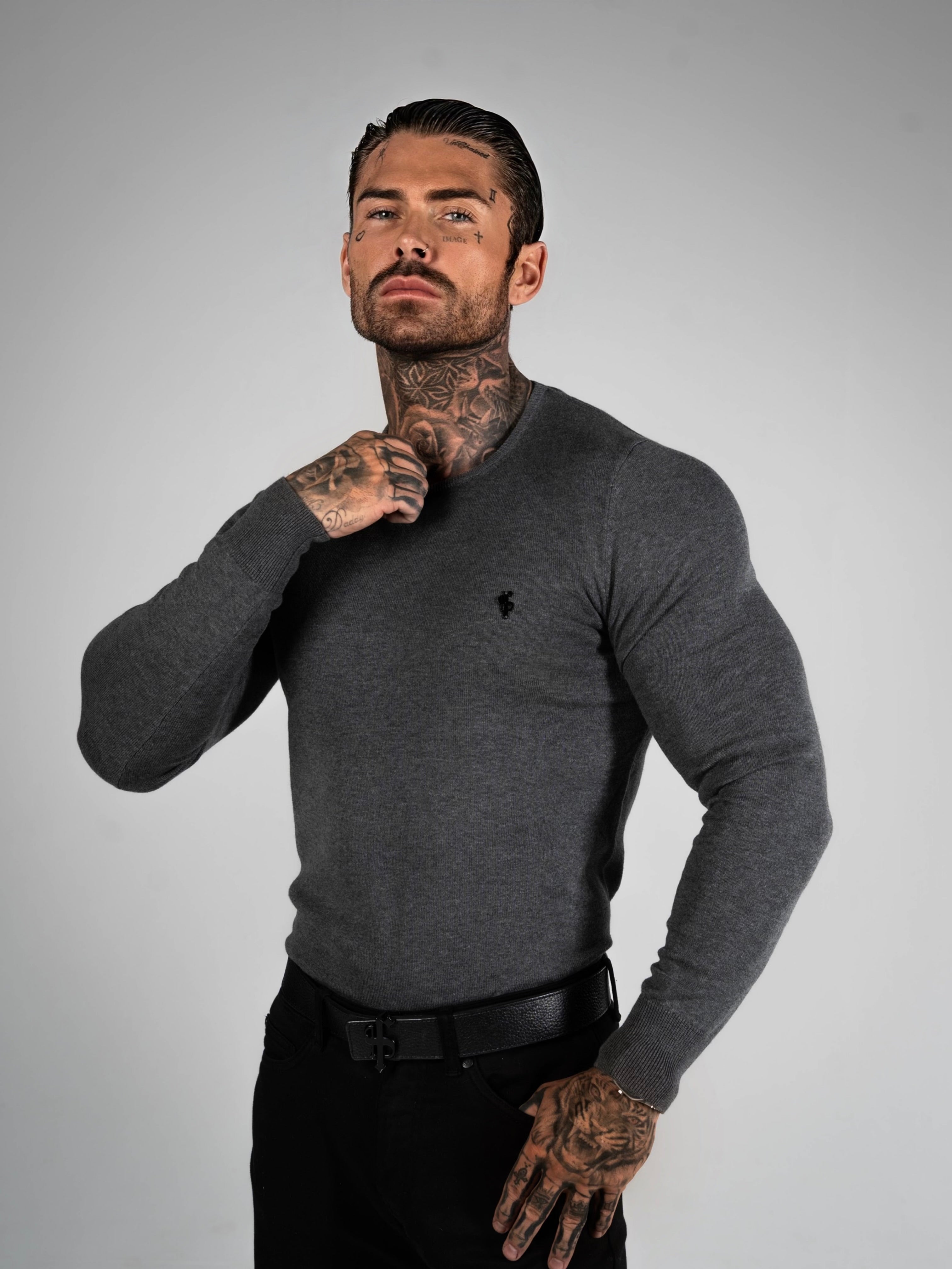 Charcoal Crew Neck Knitted Jumper With FS Branding - FSN198