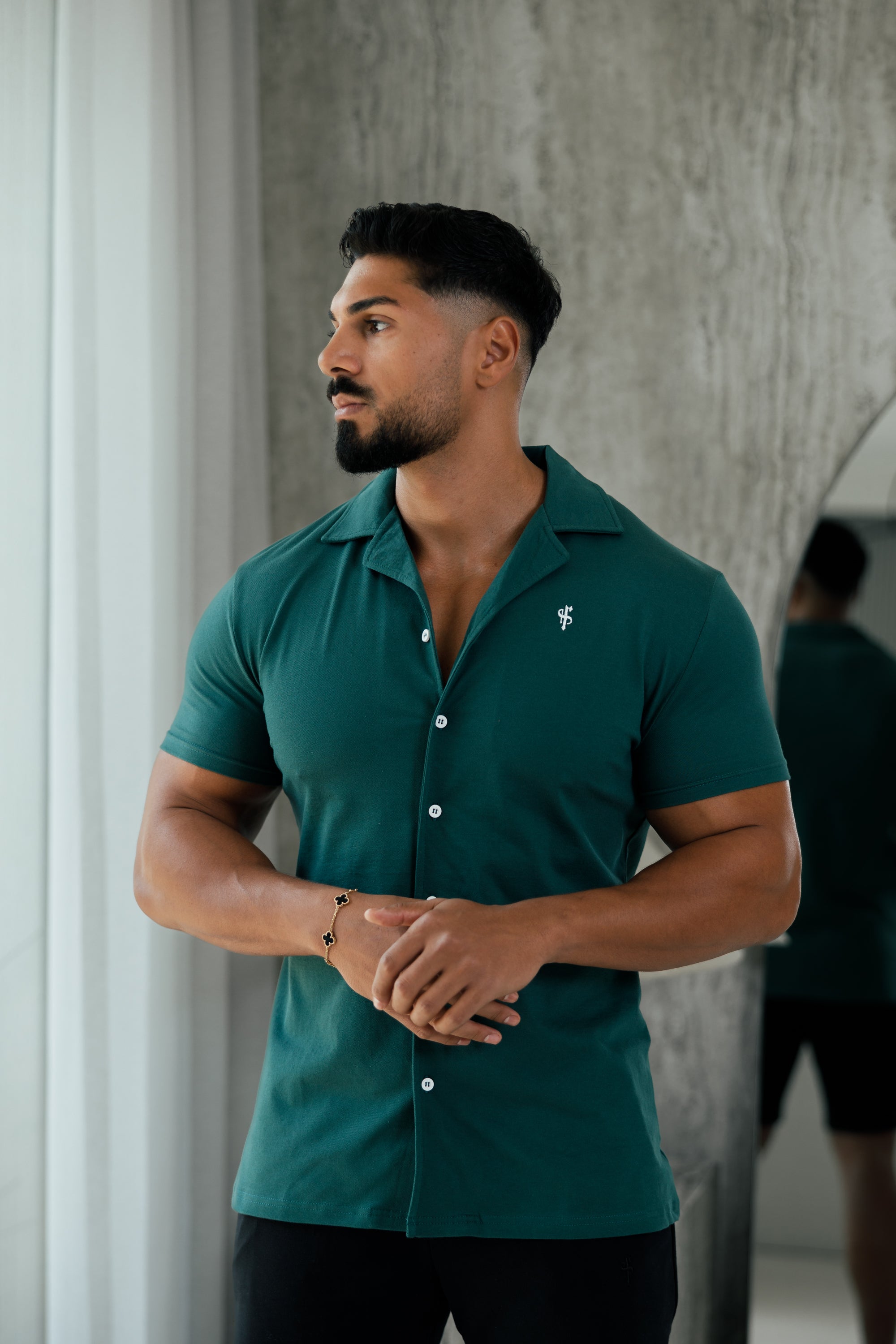 Stretch Green Pique Revere Shirt Short Sleeve - FSH1076