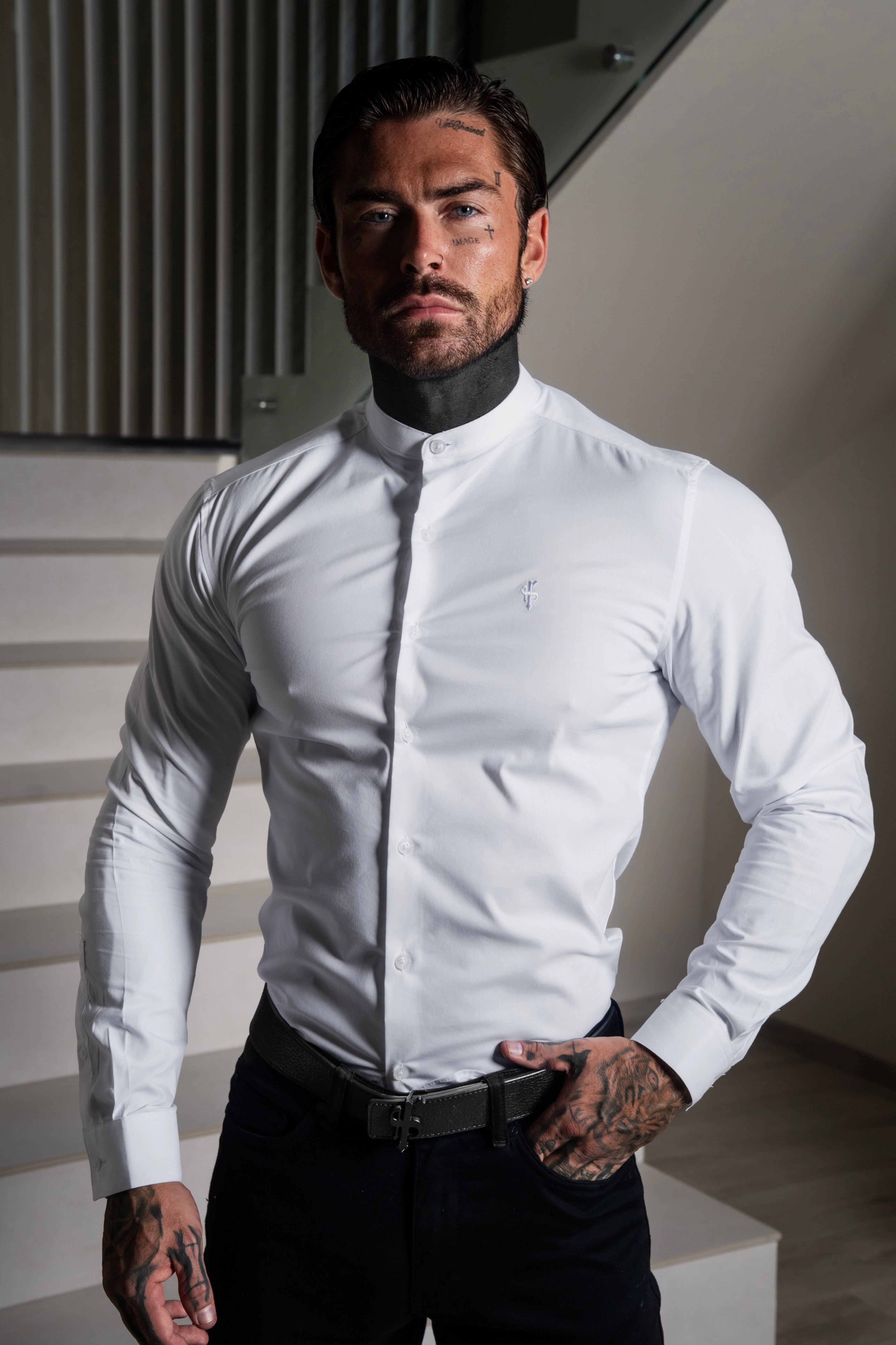 Athena Muscle Fit Advanced Stretch White Grandad Collar Shirt - FS1253