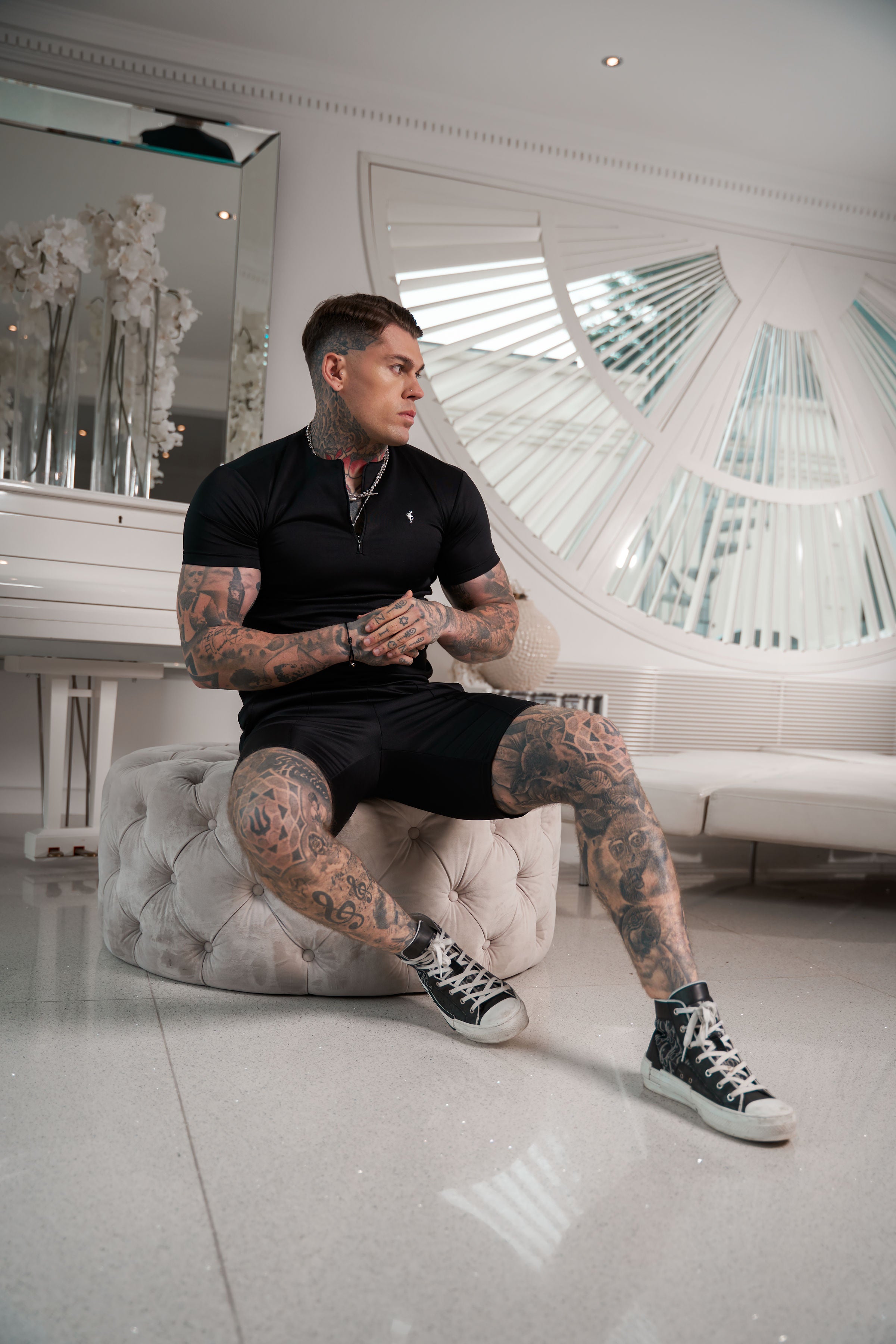 Scuba Black / Silver Crew T Shirt With Zip Detail Short Sleeve - FSH1032