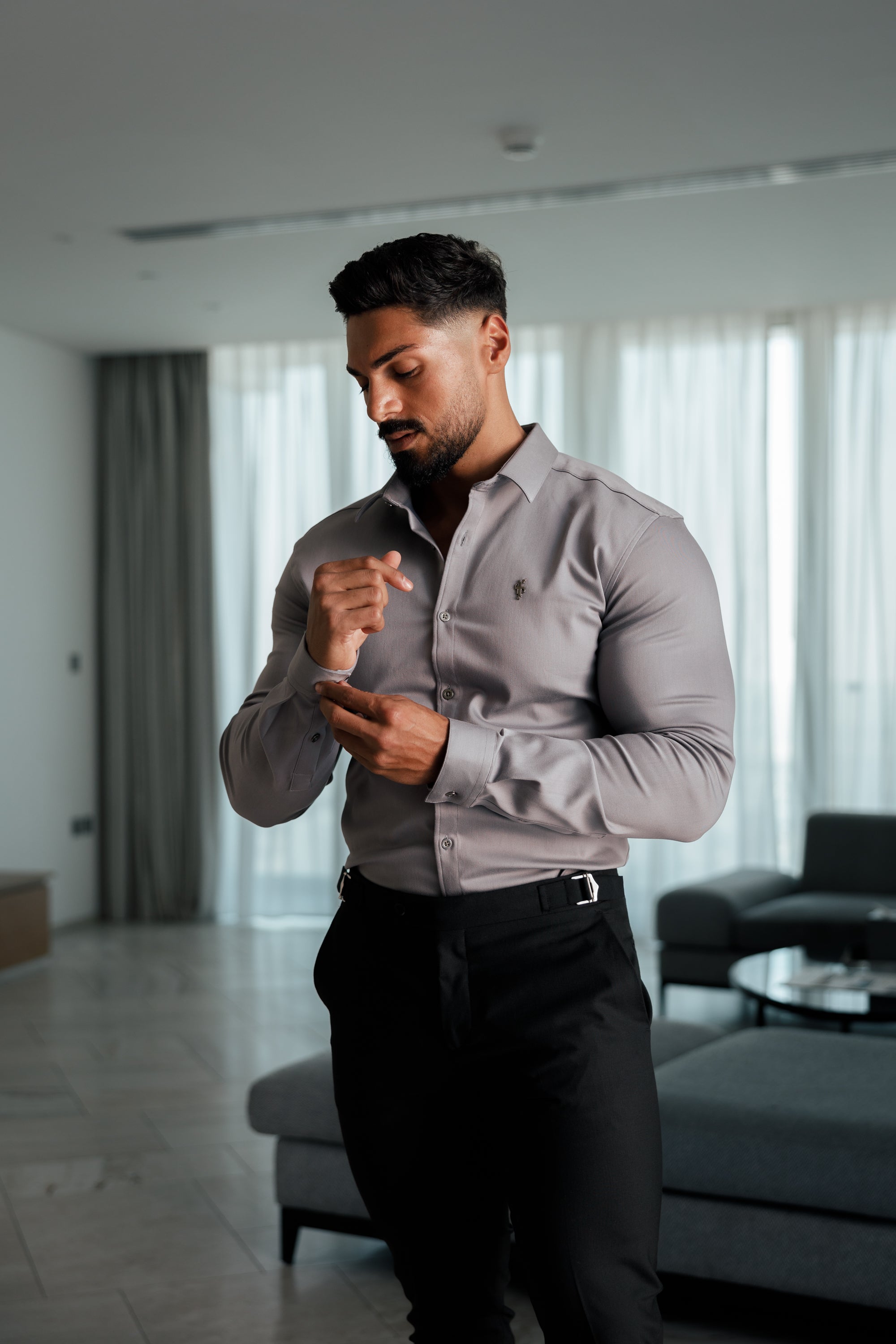 Super Slim Stretch Mid Grey Denim Long Sleeve With Metal Buttons and Decal - FS1022