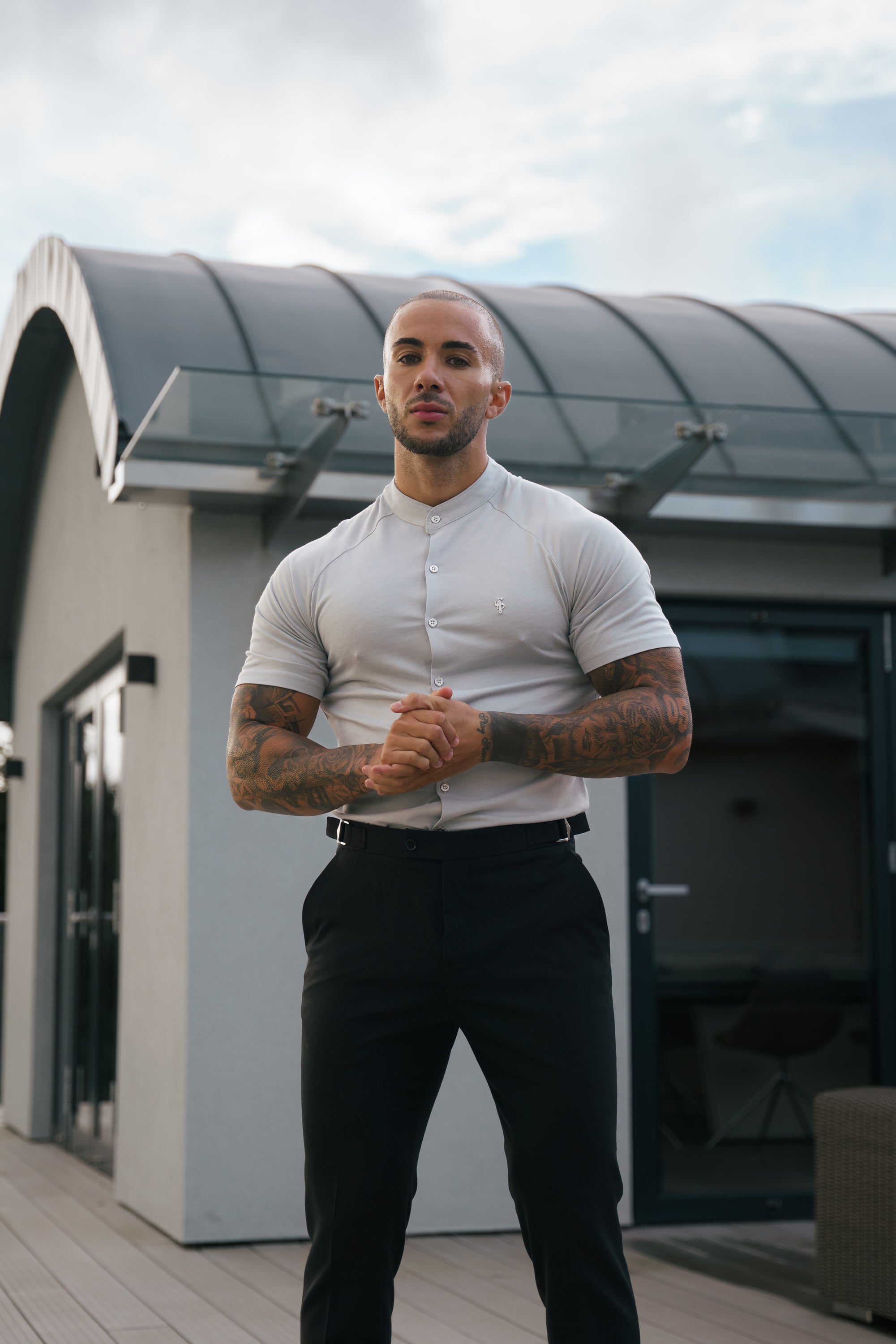 Slim Bamboo Raglan Grandad Collar Grey - FSH1155