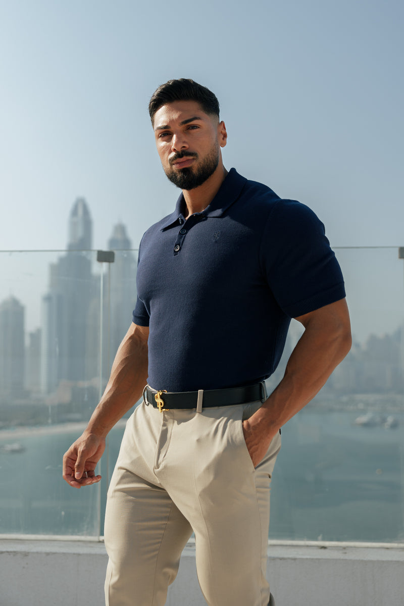Father Sons Classic Plain Navy Knitted Polo Short Sleeve - FSN109