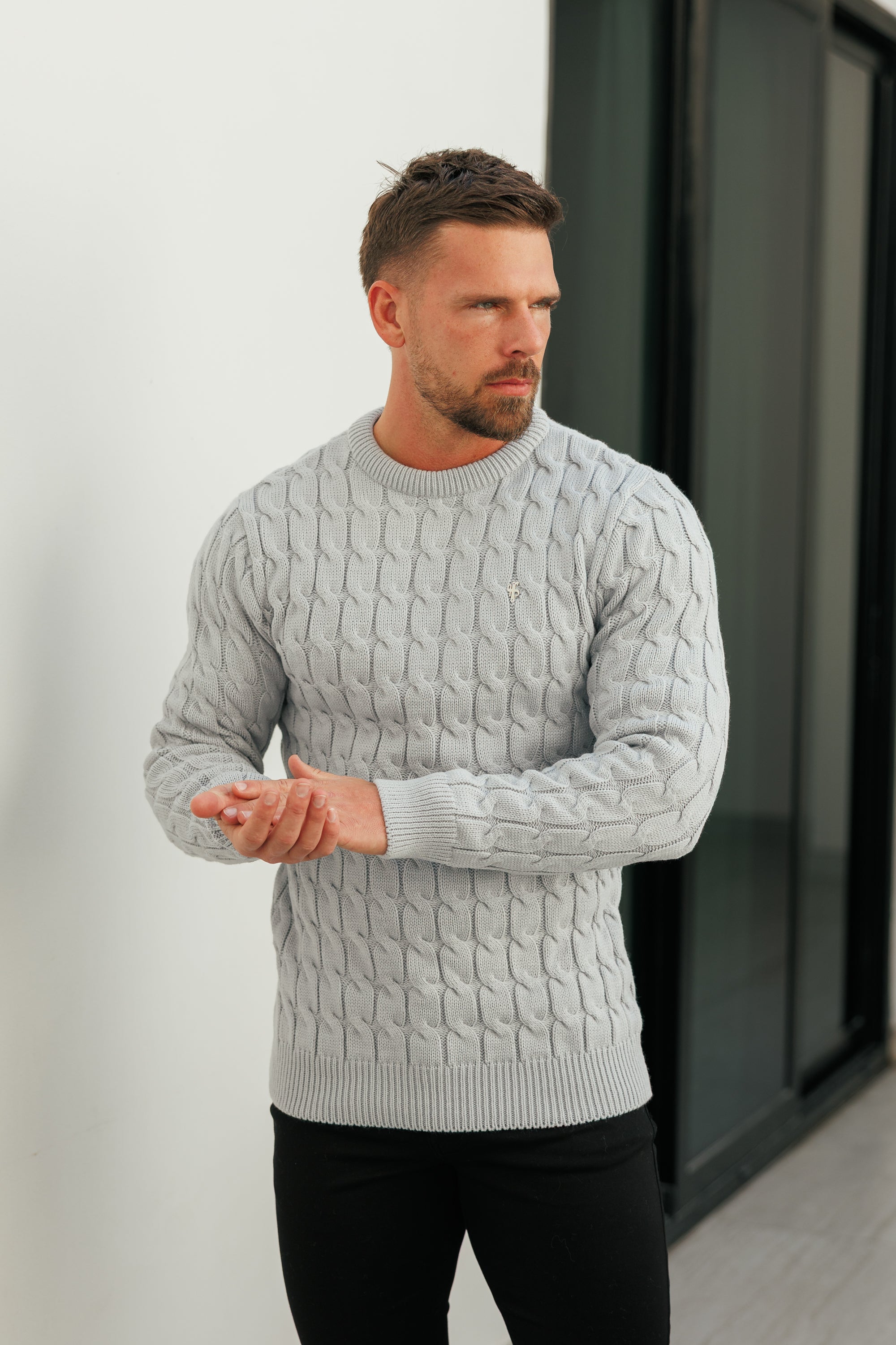 Link Weave Knit Cop Grey Crew Neck Jumper - FSJ129
