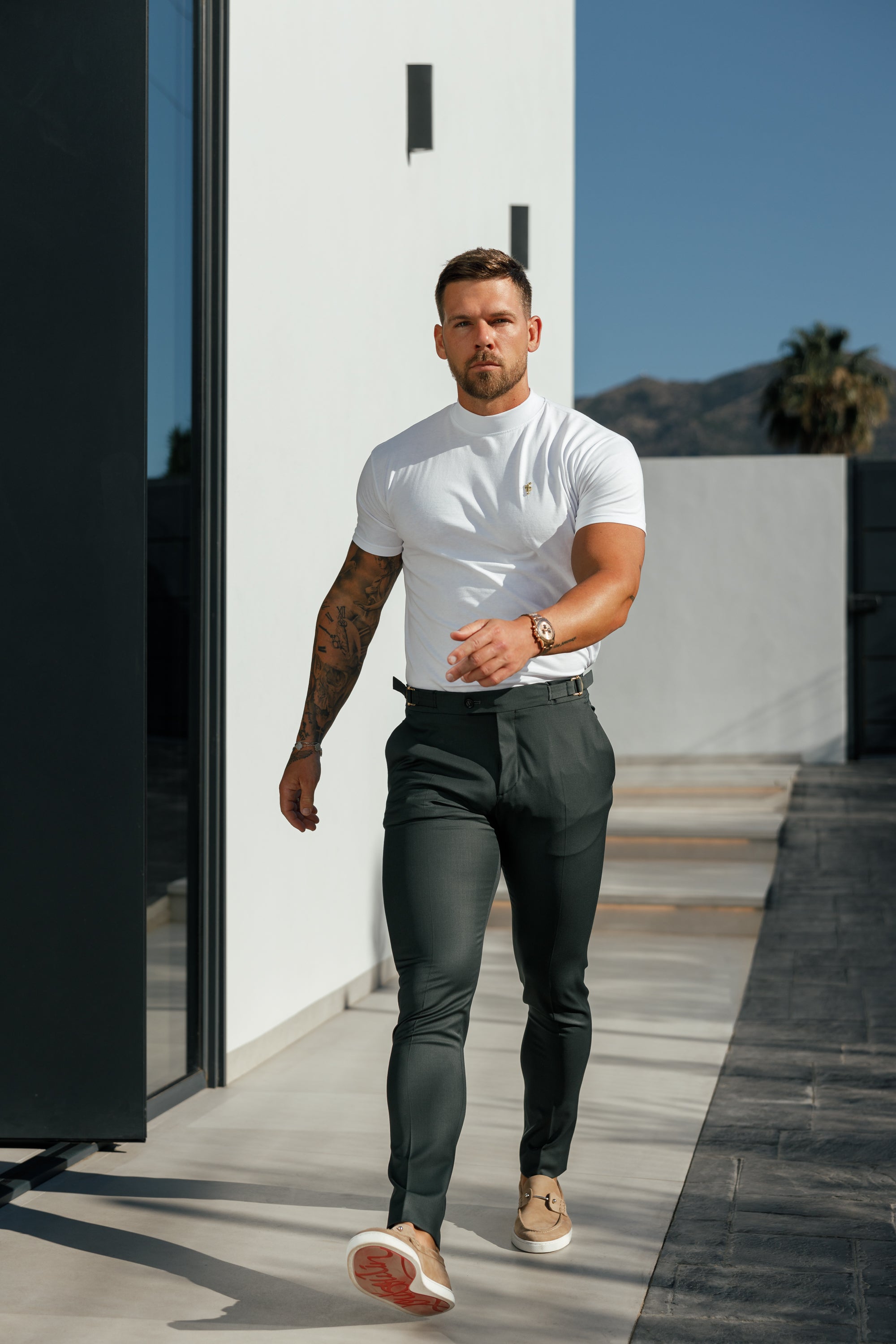 Ribbed High Neck Crew Short Sleeve White / Gold - FSH1006