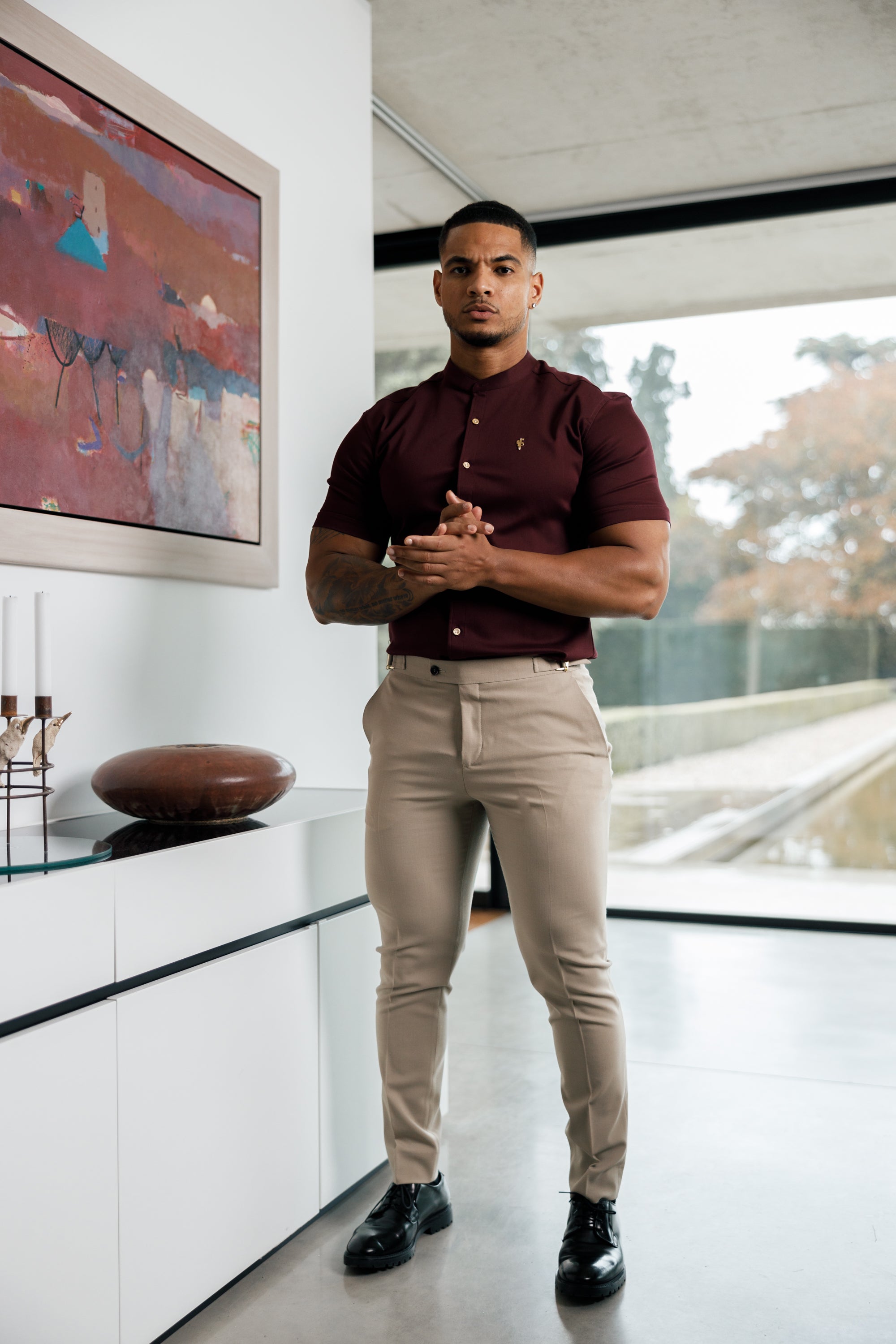 Super Slim Stretch Burgundy Denim Short Sleeve Grandad collar with Metal Buttons and Decal Emblem - FS722