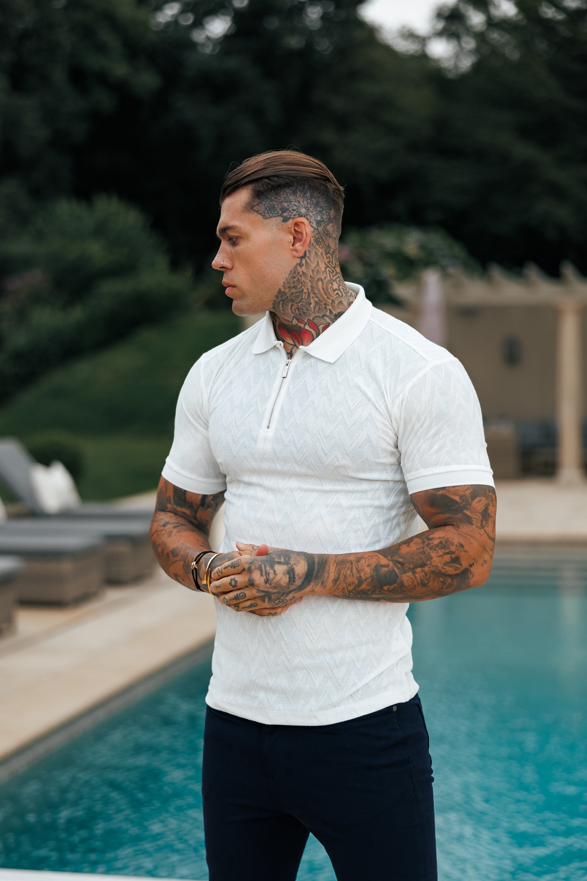 Classic Jacquard White Chevron Zipped Polo - FSR020