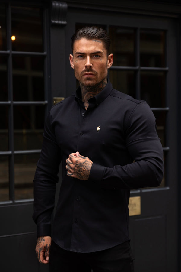 Father Sons Super Slim Stretch Black Denim Long Sleeve with Gold Metal Decal and Button Down Collar - FS1040