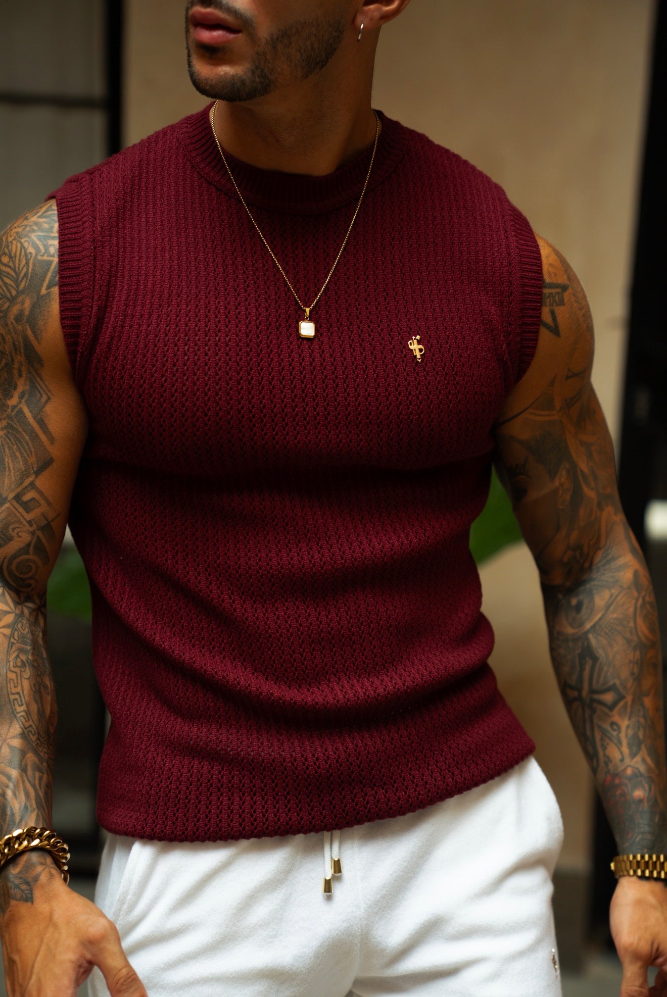 Claret / Silver Viscose Crochet Knitted Vest - FSJ192