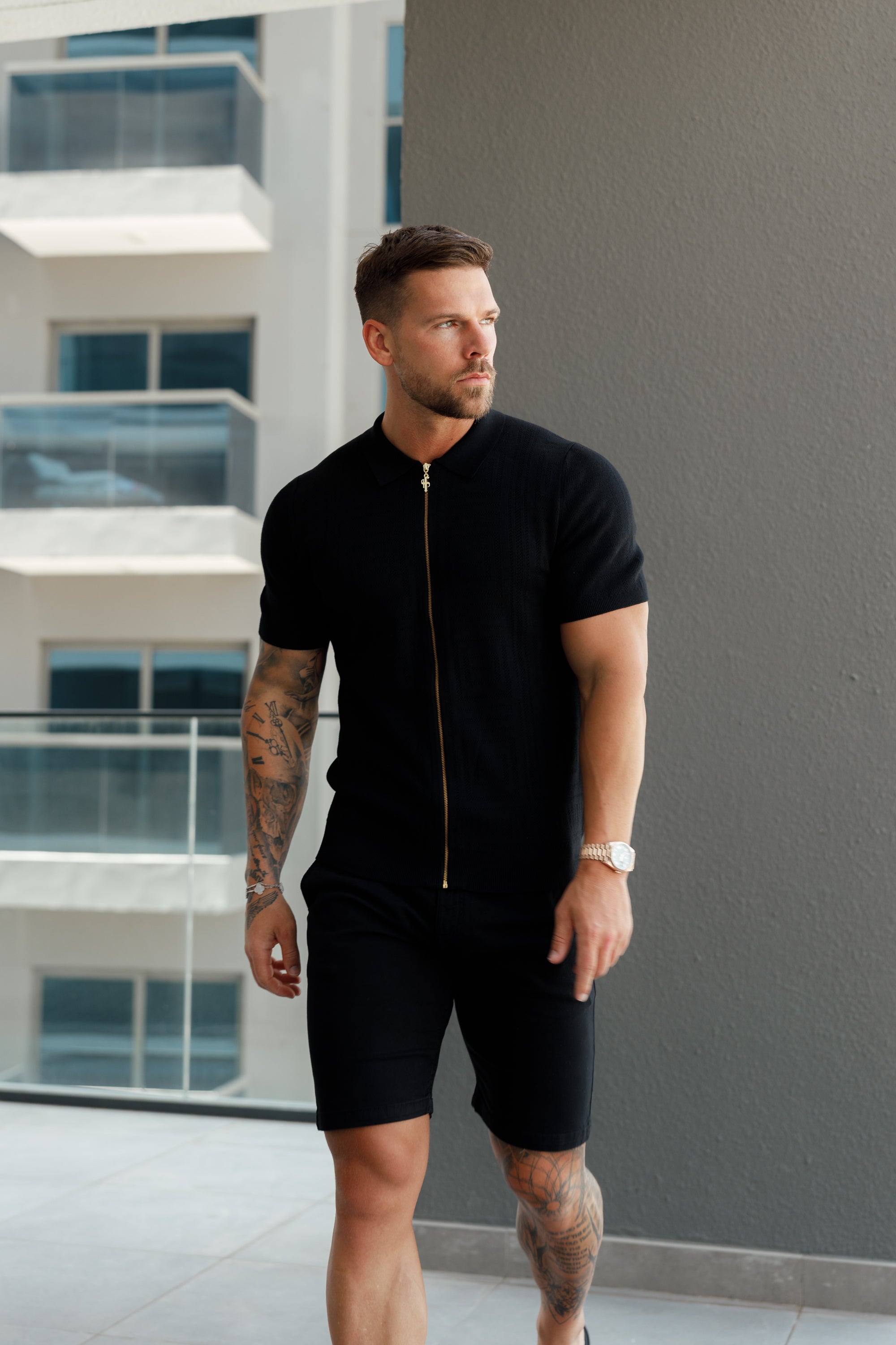 Classic Knitted Geo Design With Full Length Zip Black Short Sleeve - FSN147