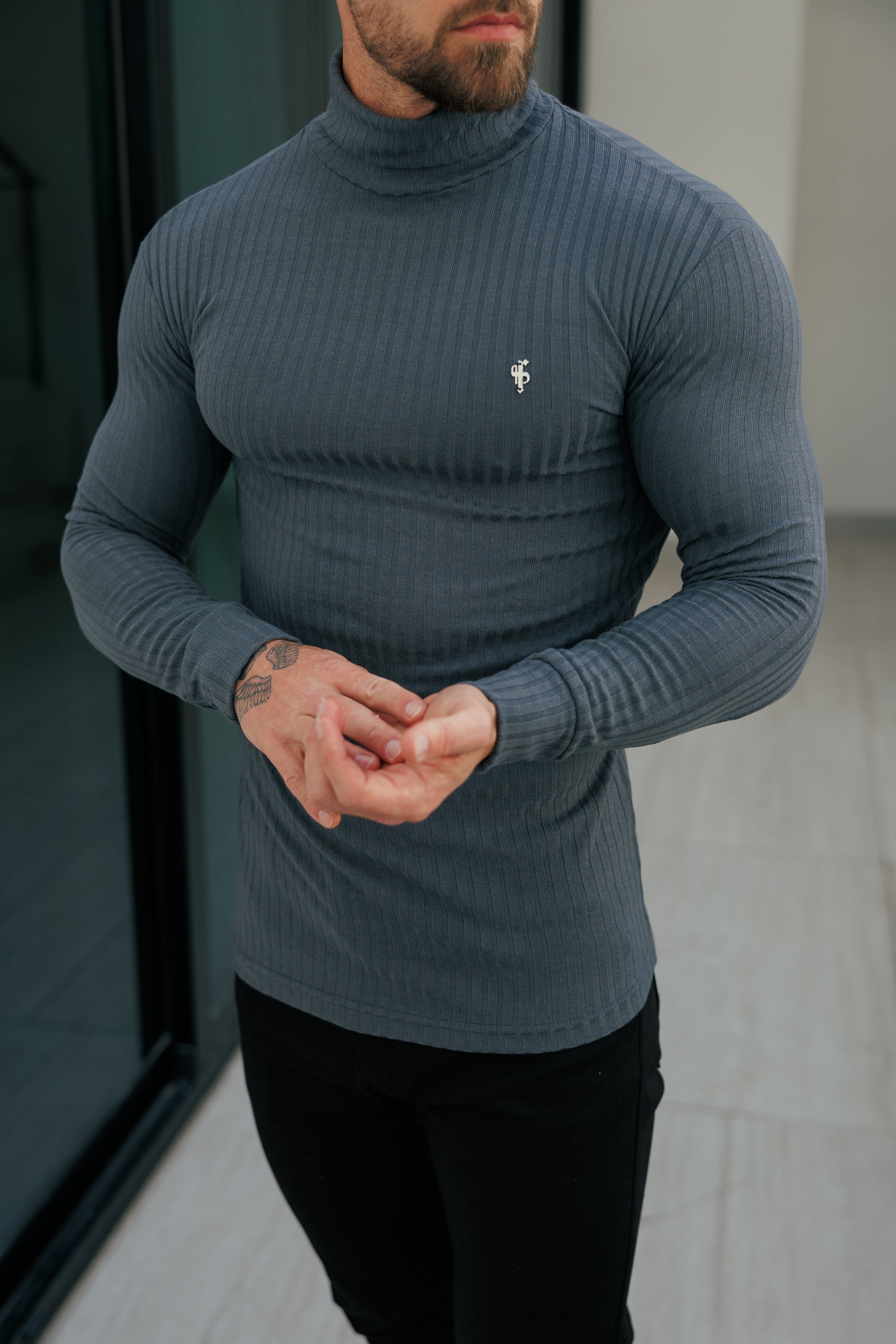 Super Slim Charcoal / Silver Ribbed Knit Roll-neck Jumper - FSH955
