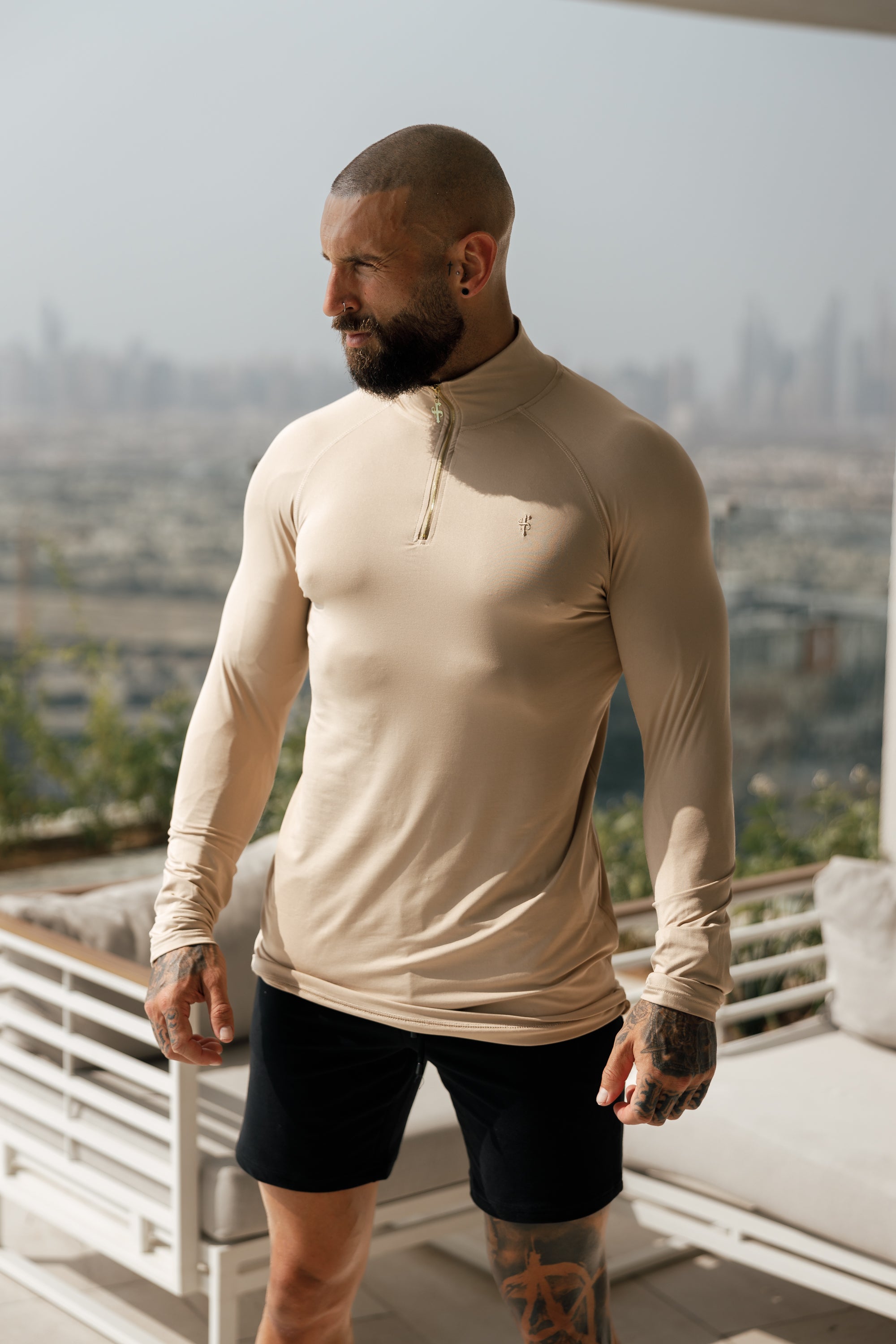 Long Sleeve Beige / Gold Half Zip Gym Top - FSH892