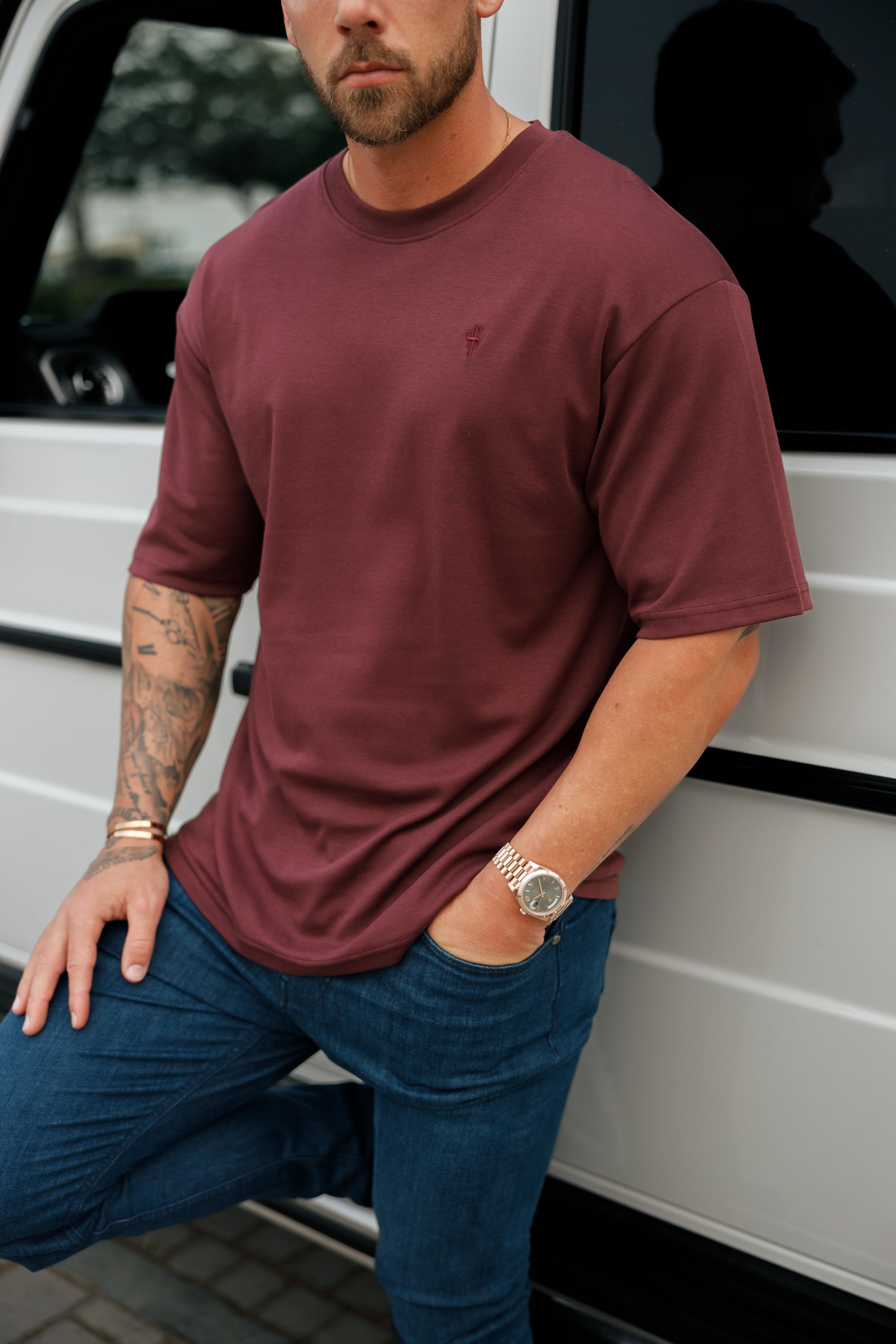 Classic Burgundy Oversized Crew T Shirt - FSH868