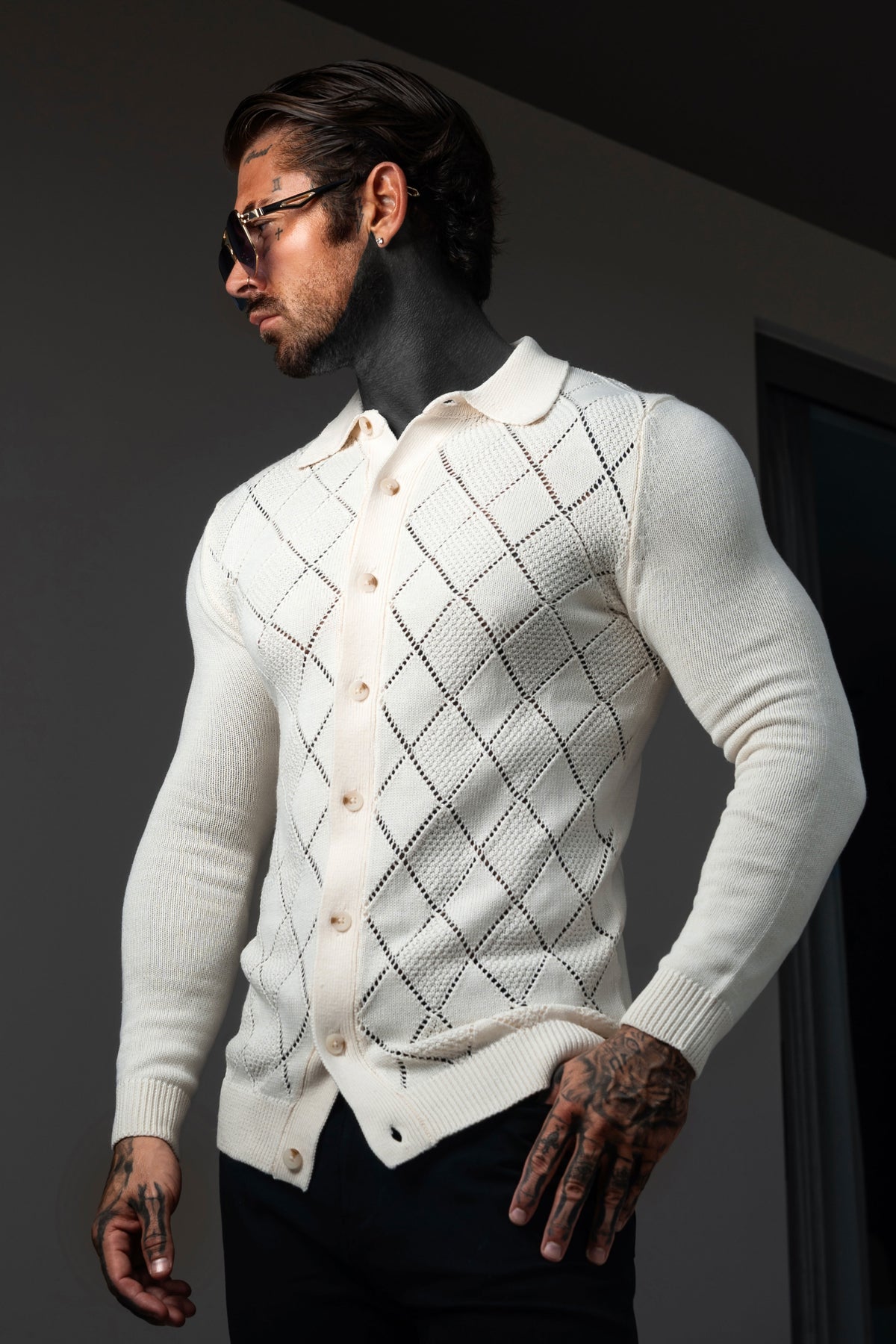 Cream Diamond Perforated Shirt Long Sleeve - FSA018