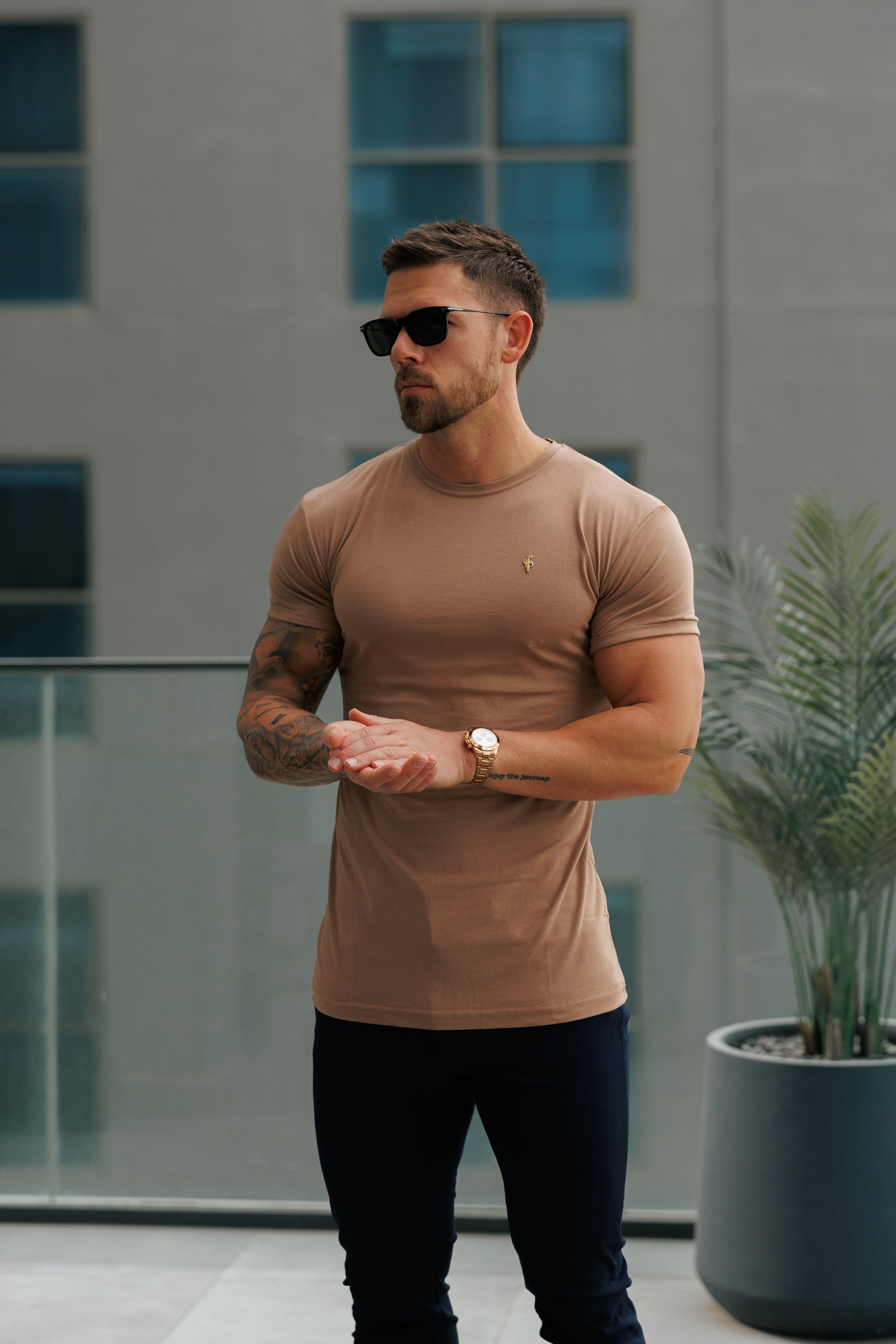 Coffee / Gold Bamboo Crew T Shirt - FSH1217