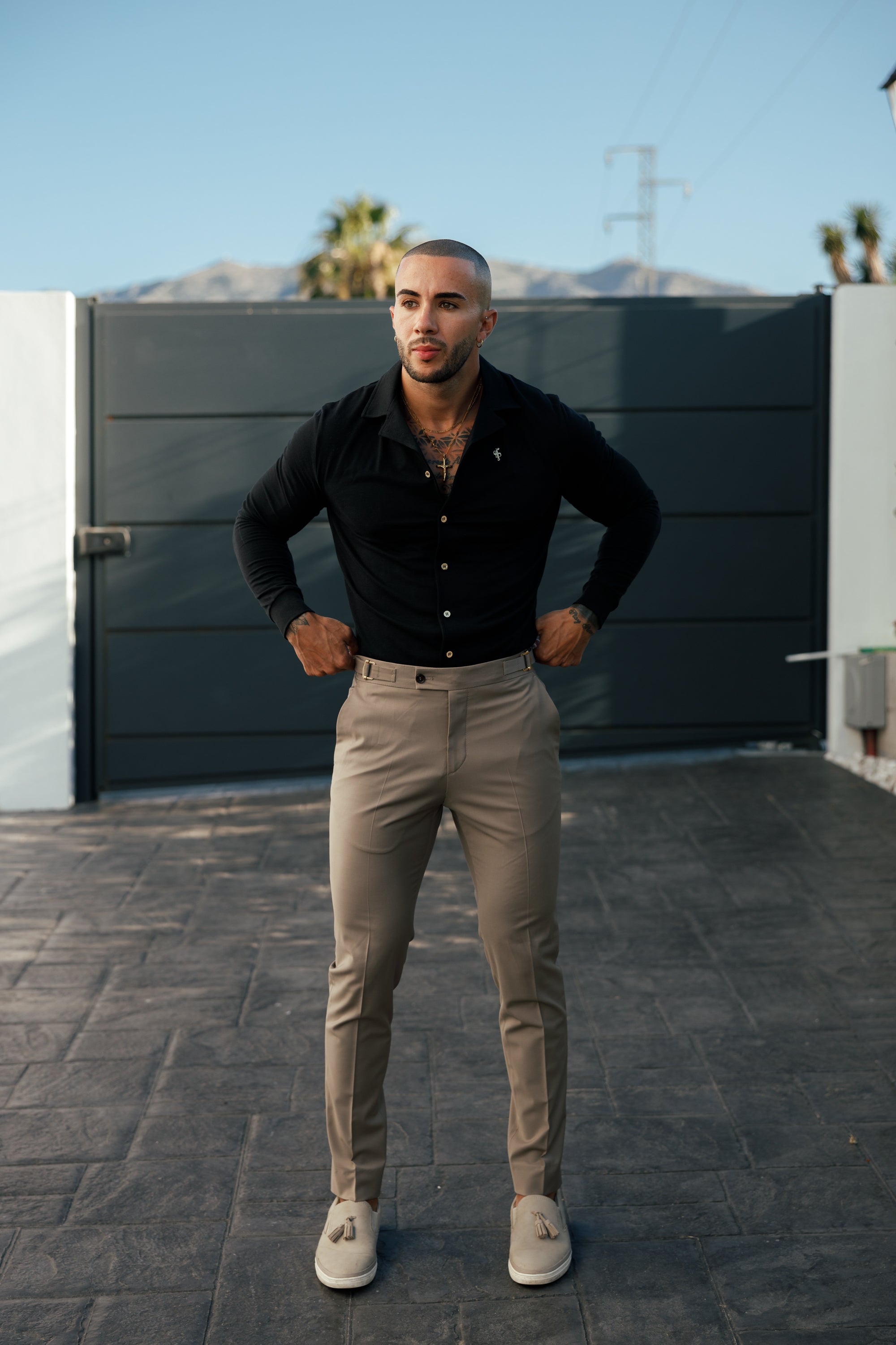 Stretch Black Pique Revere Shirt Long Sleeve - FSH1207