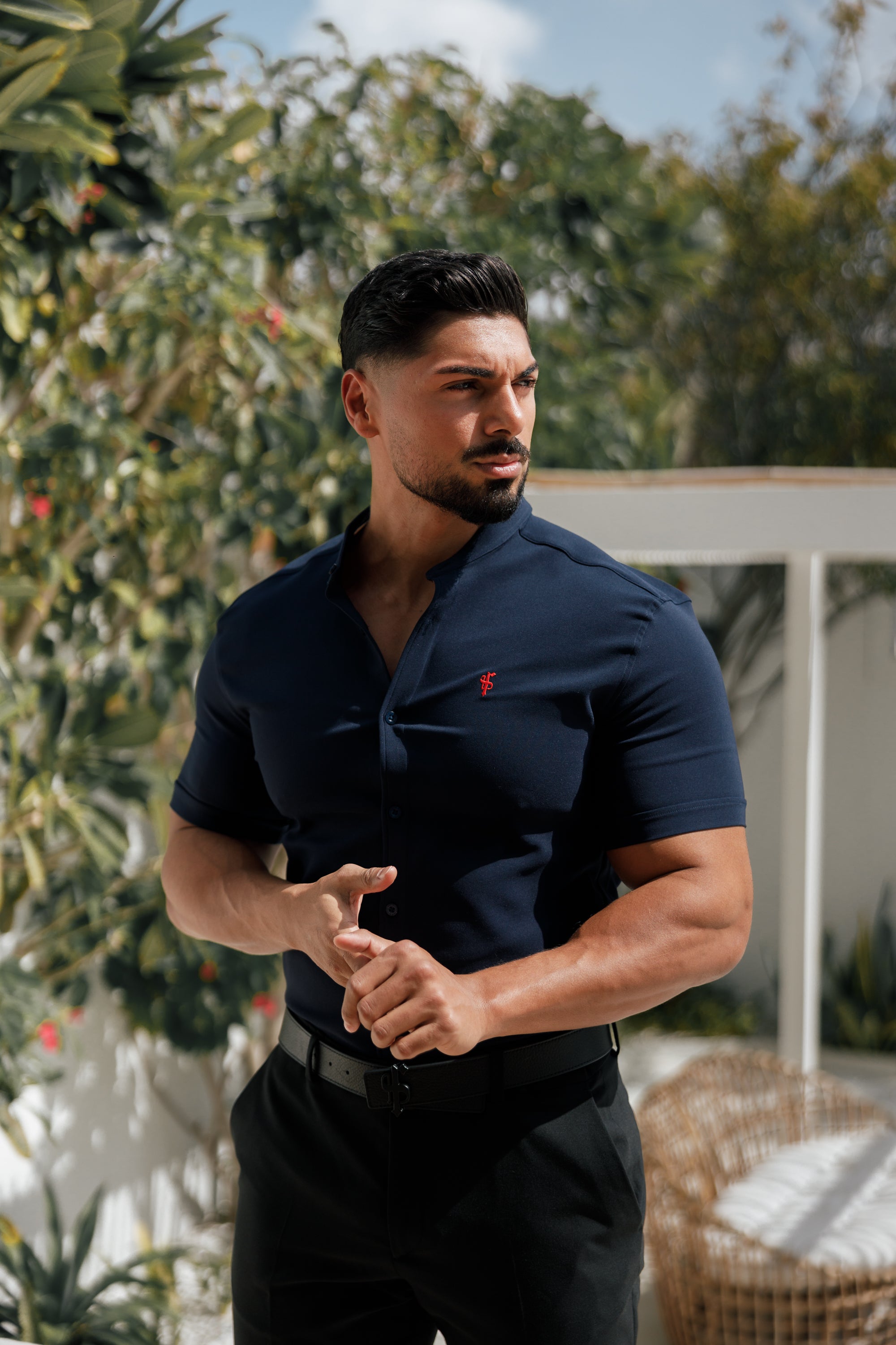 Super Slim Scuba Navy / Red Short Sleeve Stretch with Grandad Collar - FS1001