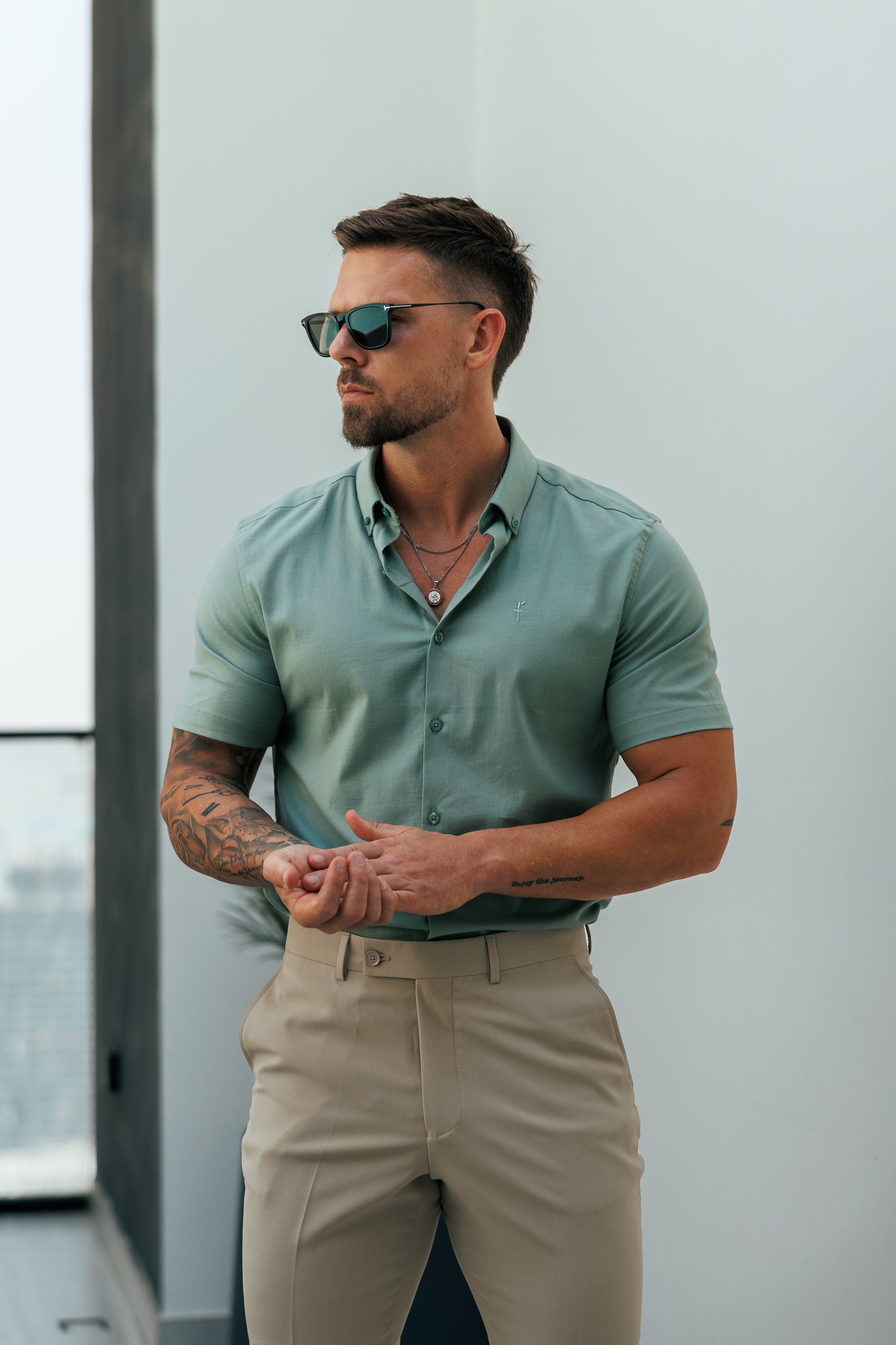 Classic Stretch Oxford Short Sleeve Smoke Green with Button Down Collar - FS1211