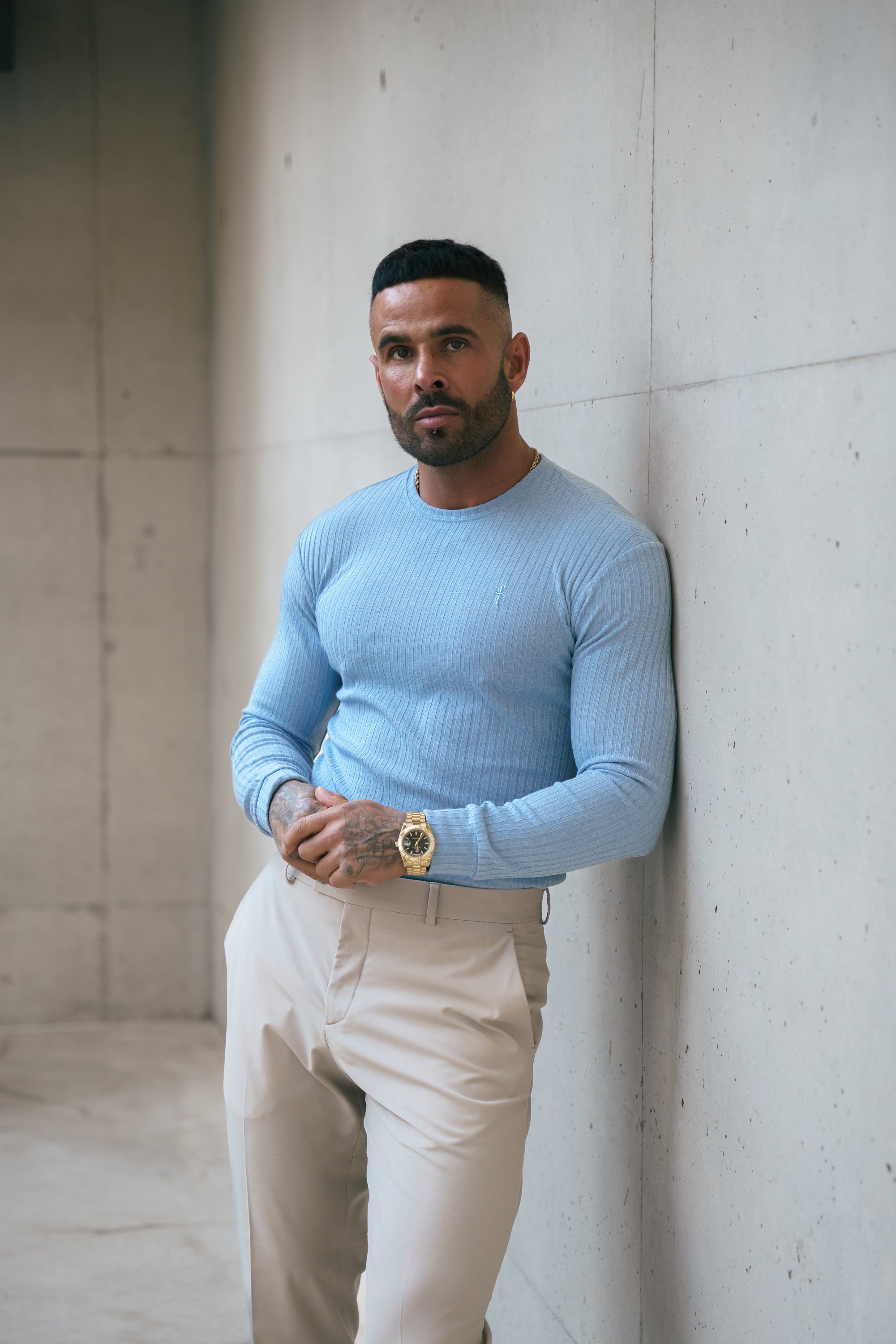 Classic Light Blue Ribbed Knit Jumper With Tonal Embroidery - FSH1286