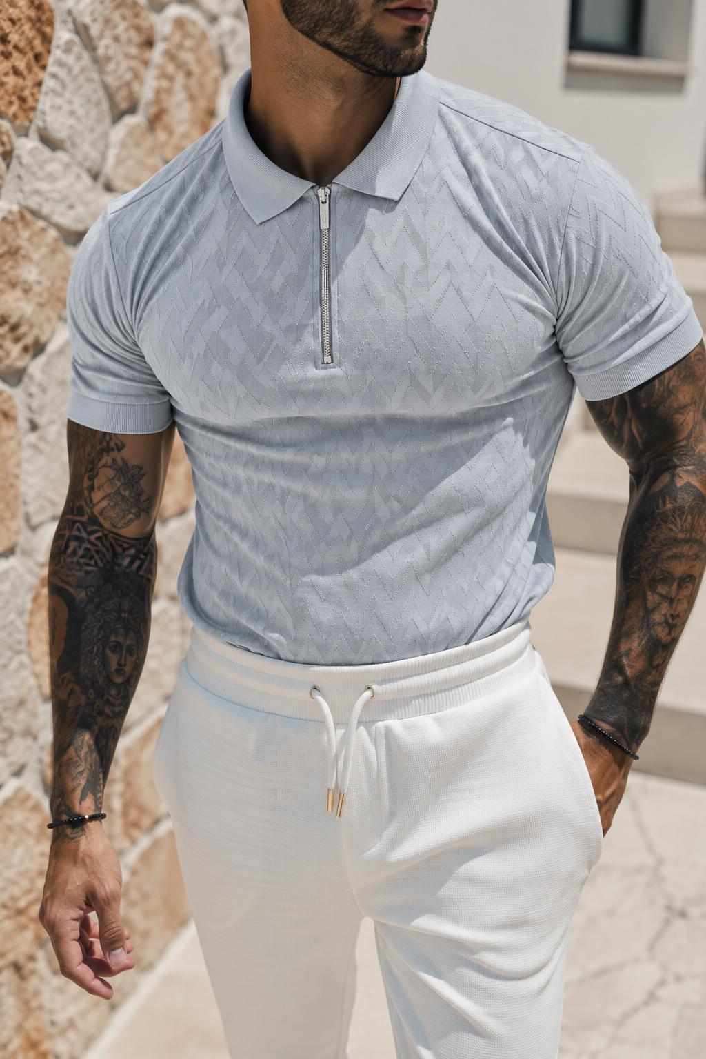 Classic Jacquard Light Grey Chevron Zipped Polo - FSR063