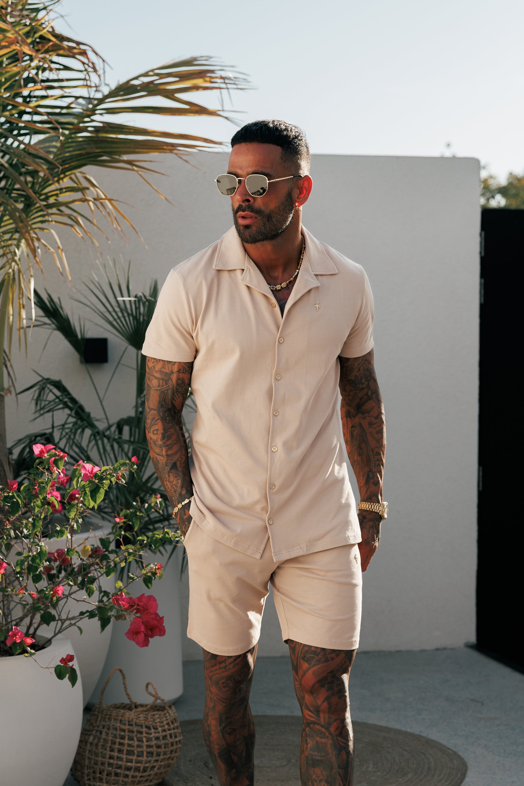 Stretch Beige / Gold Pique Revere Shirt Short Sleeve - FSH1075