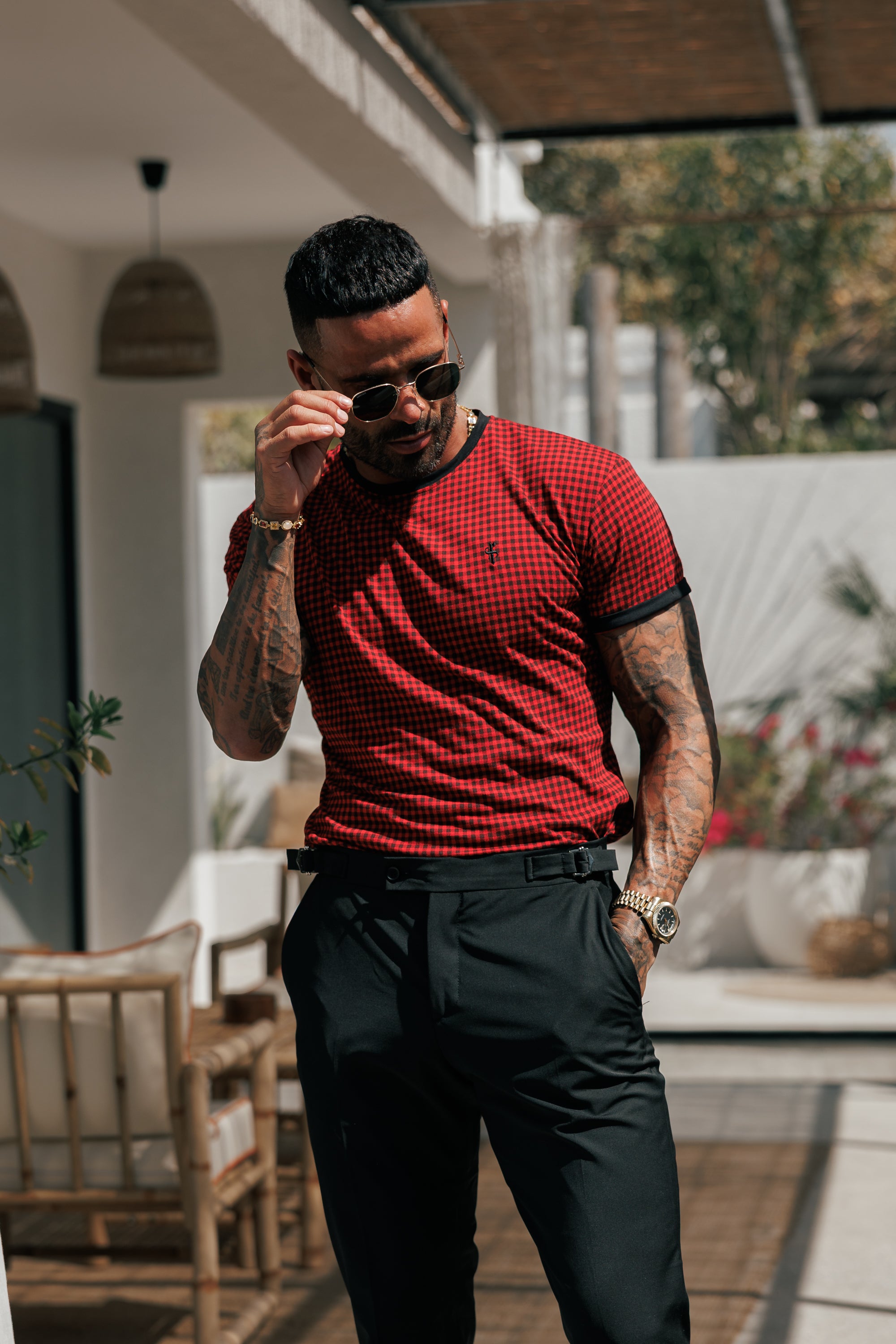 Printed Black / Red Check Fitted T Shirt - FSH1237