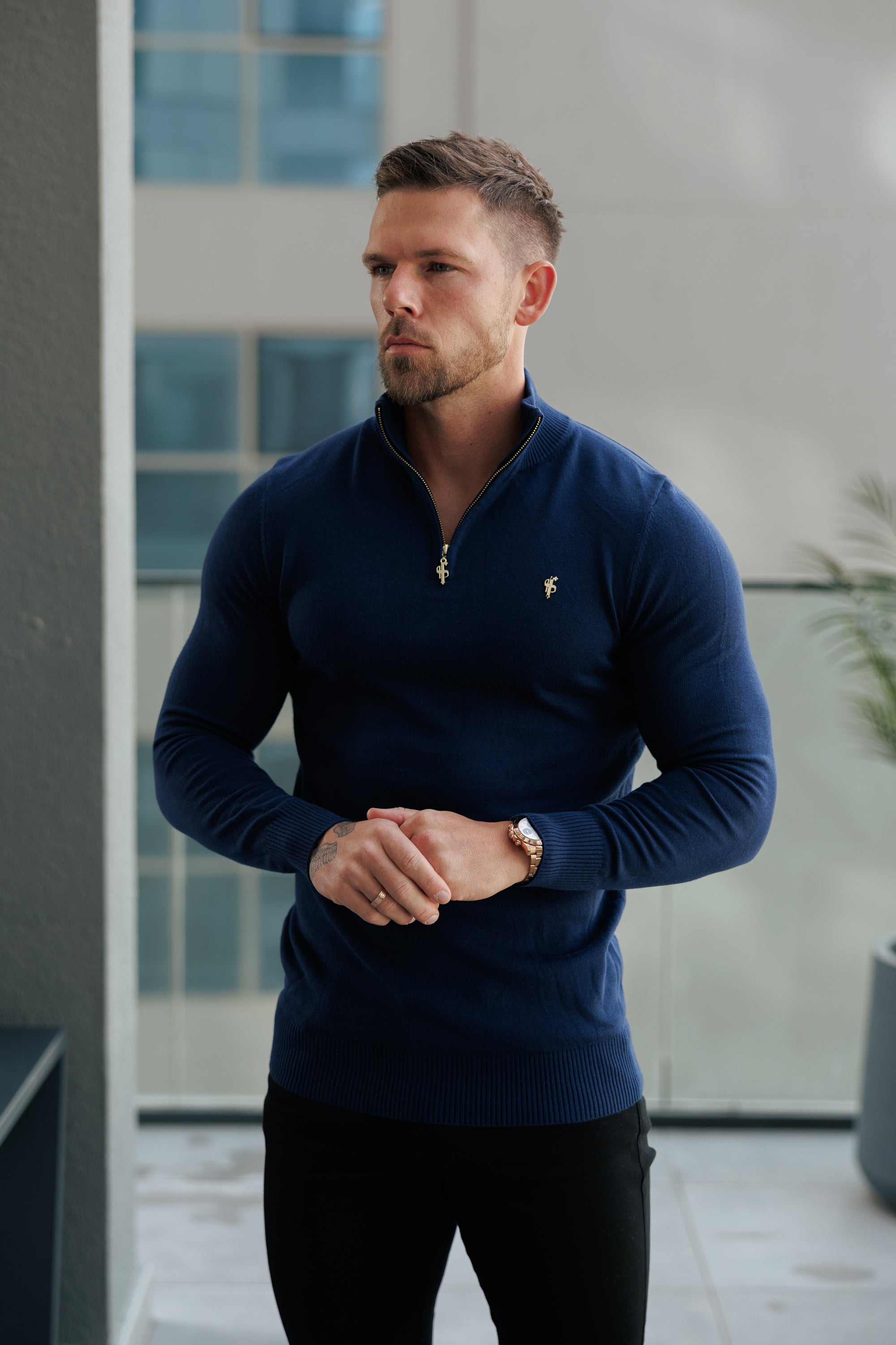 Navy Funnel Neck Knitted Jumper With FS Branding - FSN191