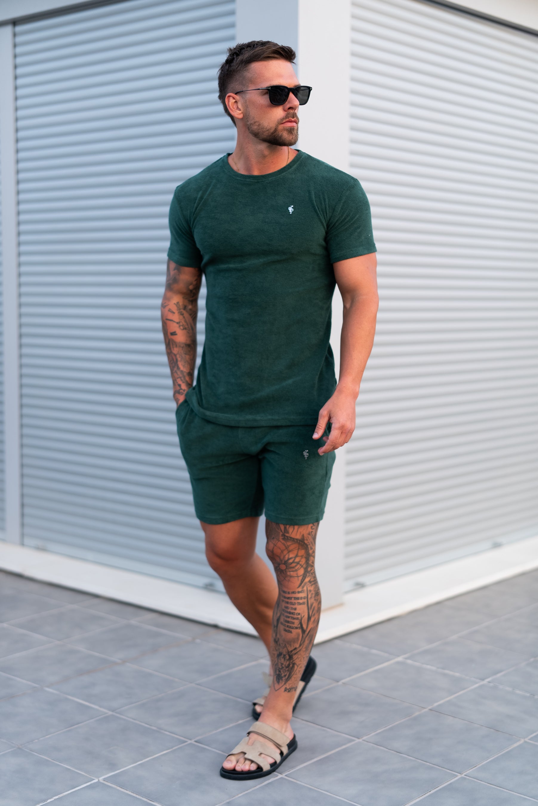 Forest Green / Silver Towelling Crew T Shirt - FSH1347