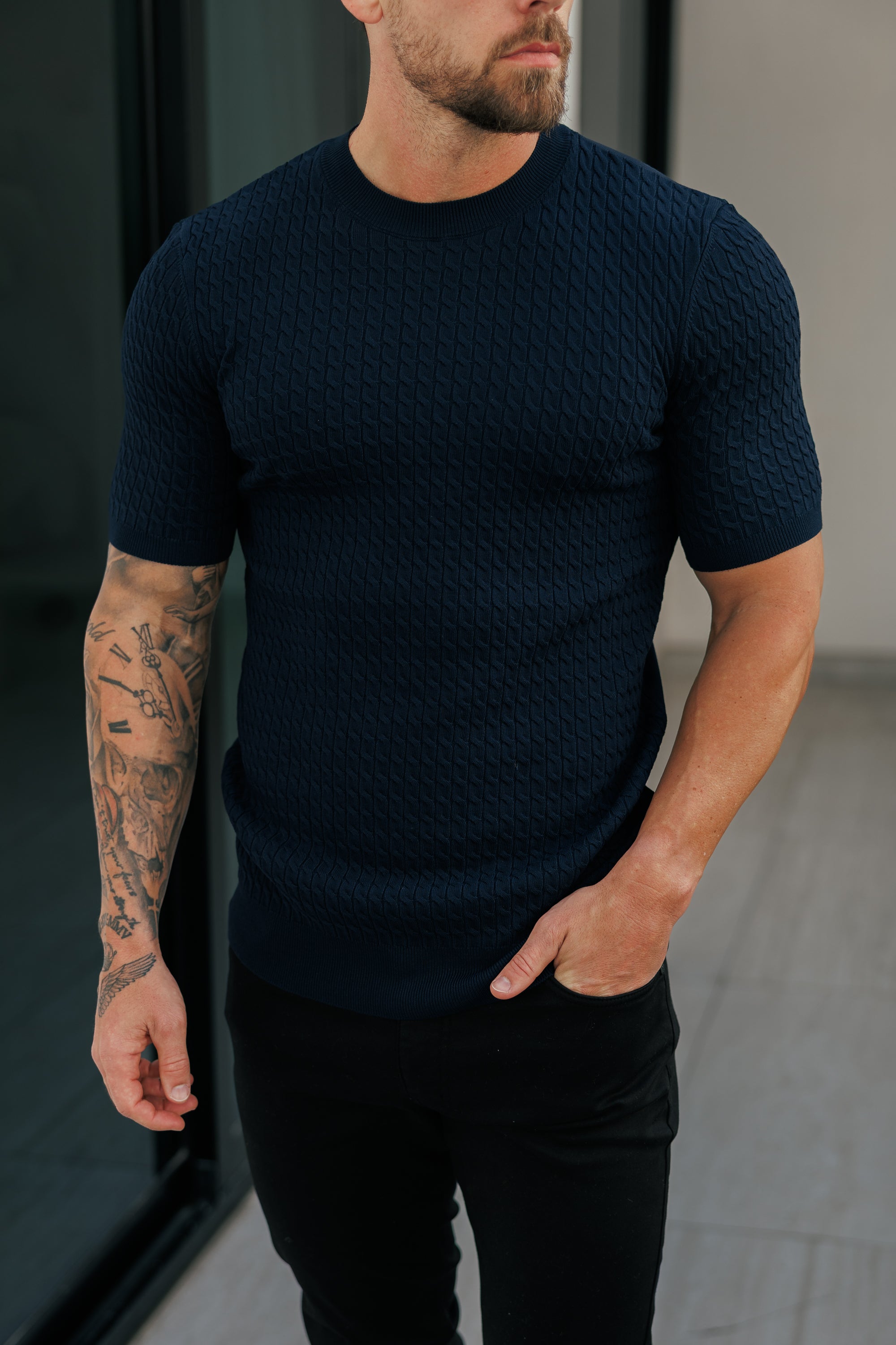 Front Chain Knit Crew Tshirt Navy Short Sleeve - FSR054