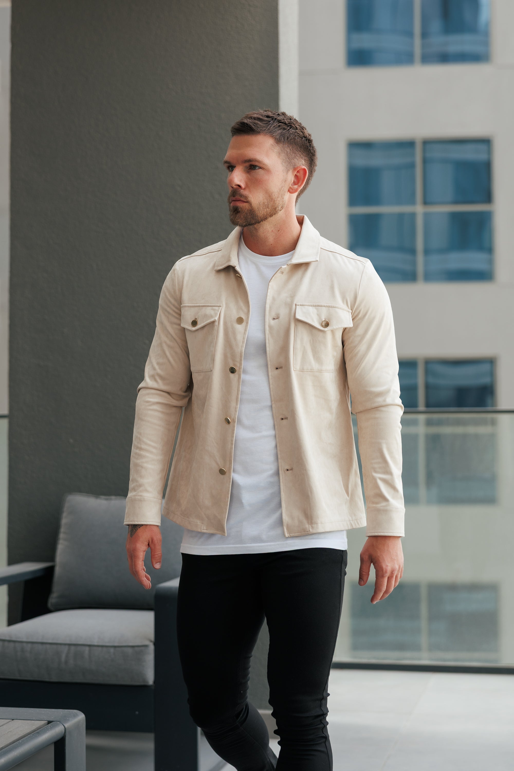 Suede Feel Button Up Jacket Beige / Gold - FSN219