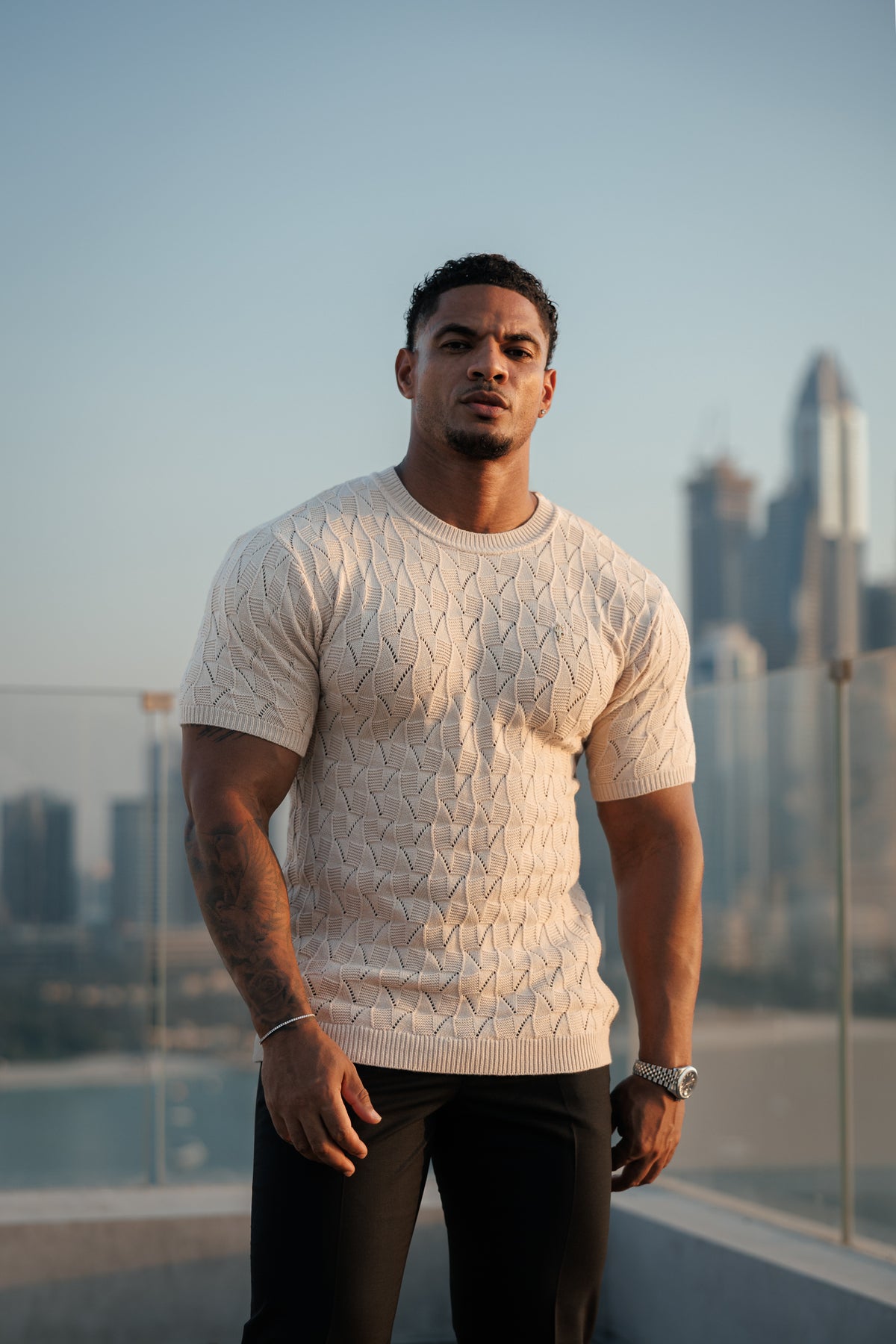 Beige Wave Weave Knit Short Sleeve Sleeve T-Shirt - FSJ171