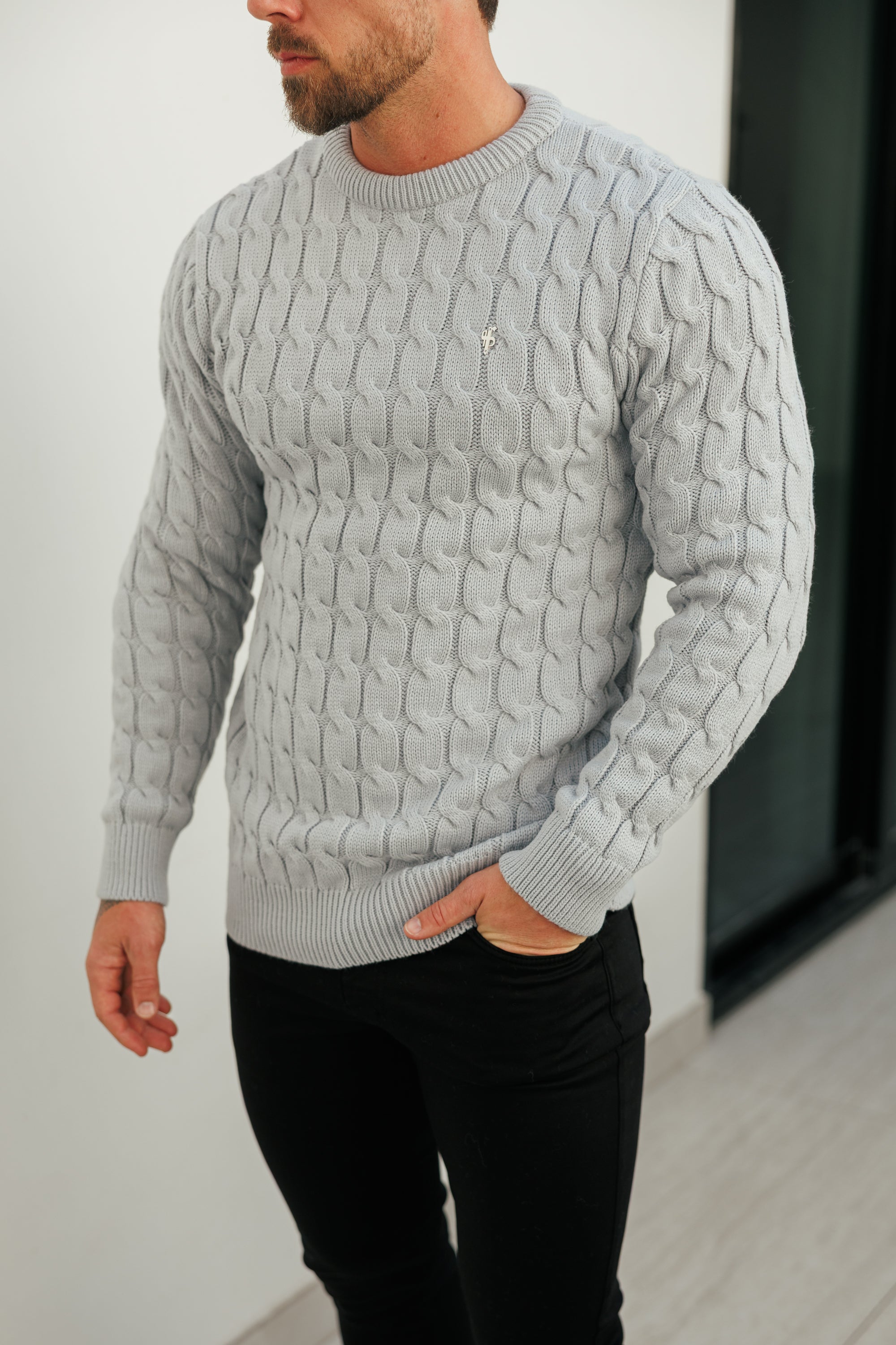 Link Weave Knit Cop Grey Crew Neck Jumper - FSJ129