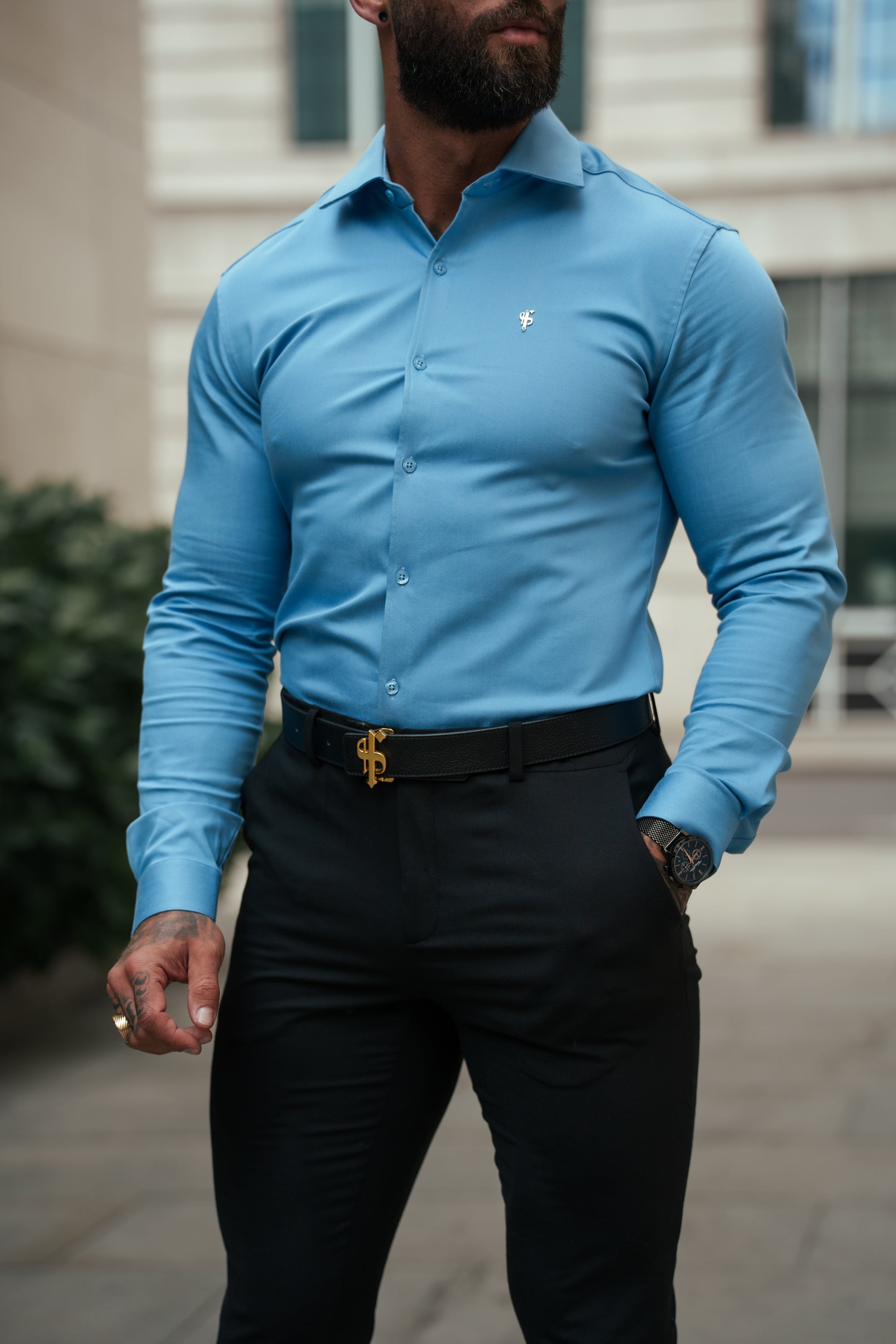 Super Slim Stretch Light Blue Denim Long Sleeve with Cutaway Collar - FS1151