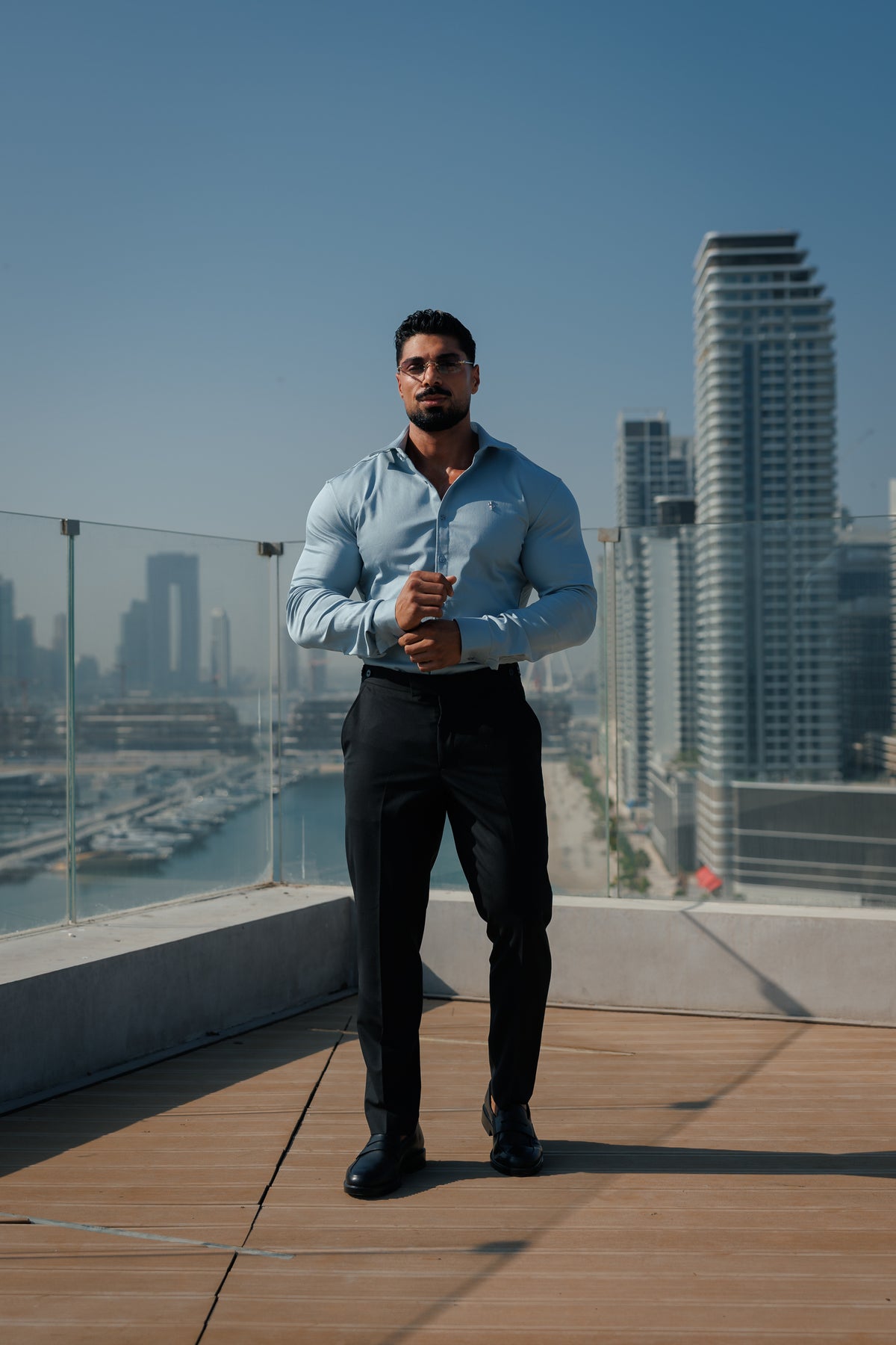 Super Slim Stretch Steel Blue Denim Long Sleeve with Silver Metal Decal and Cutaway Collar - FS1313