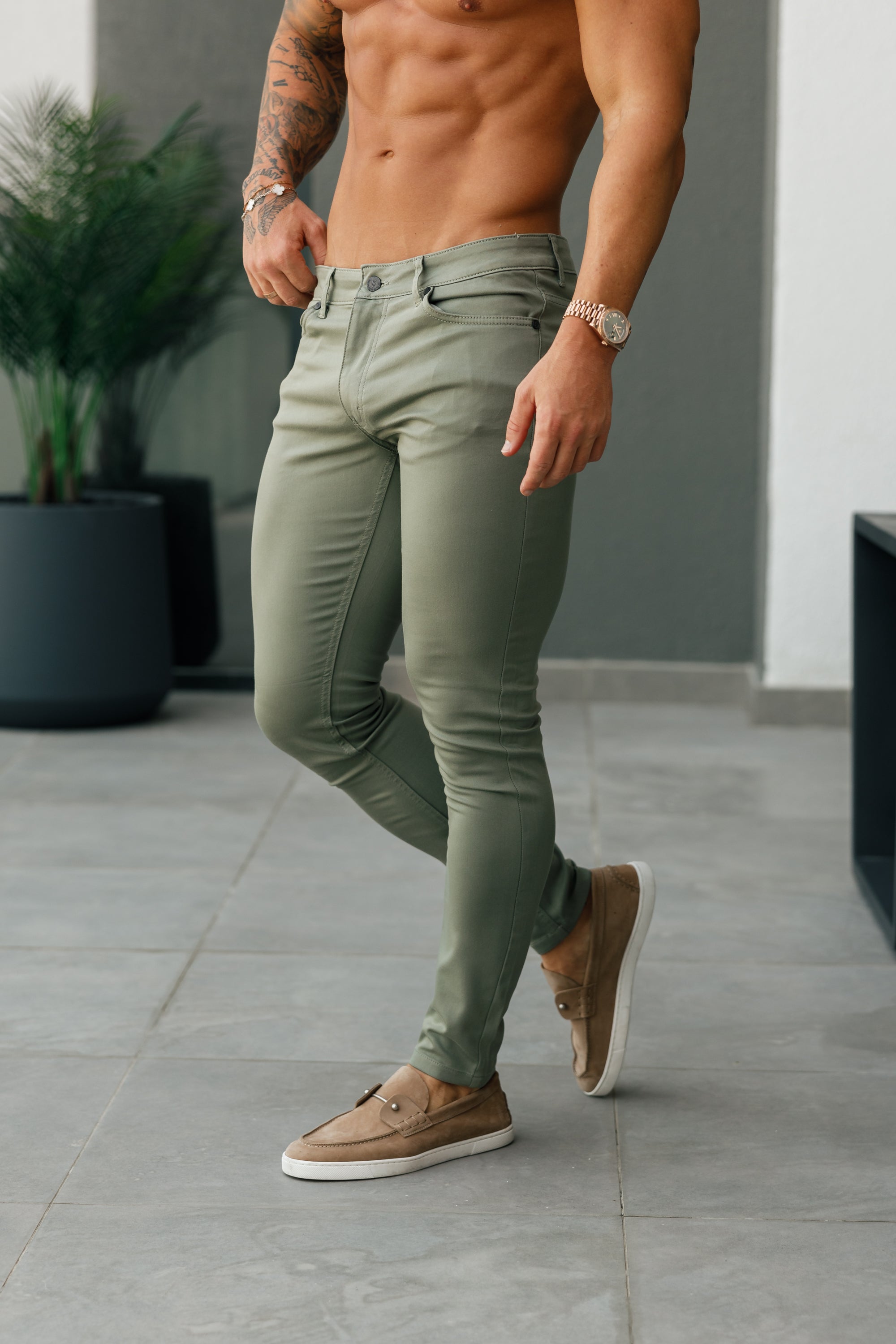 Slim Stretch Olive Sateen Trousers - FSH1145