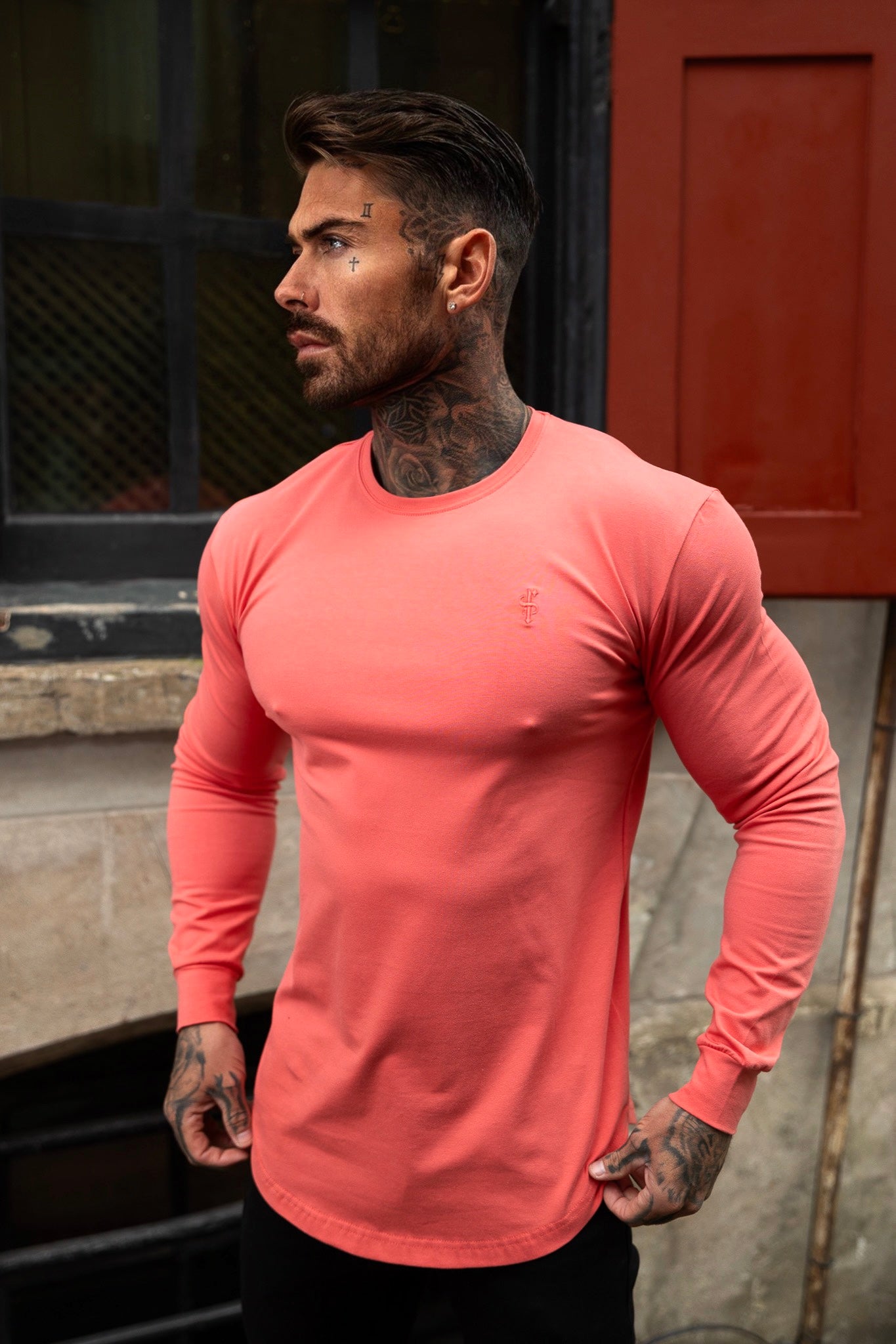 Classic Coral Tonal Curved Hem Long Sleeve Crew T Shirt - FSH1000