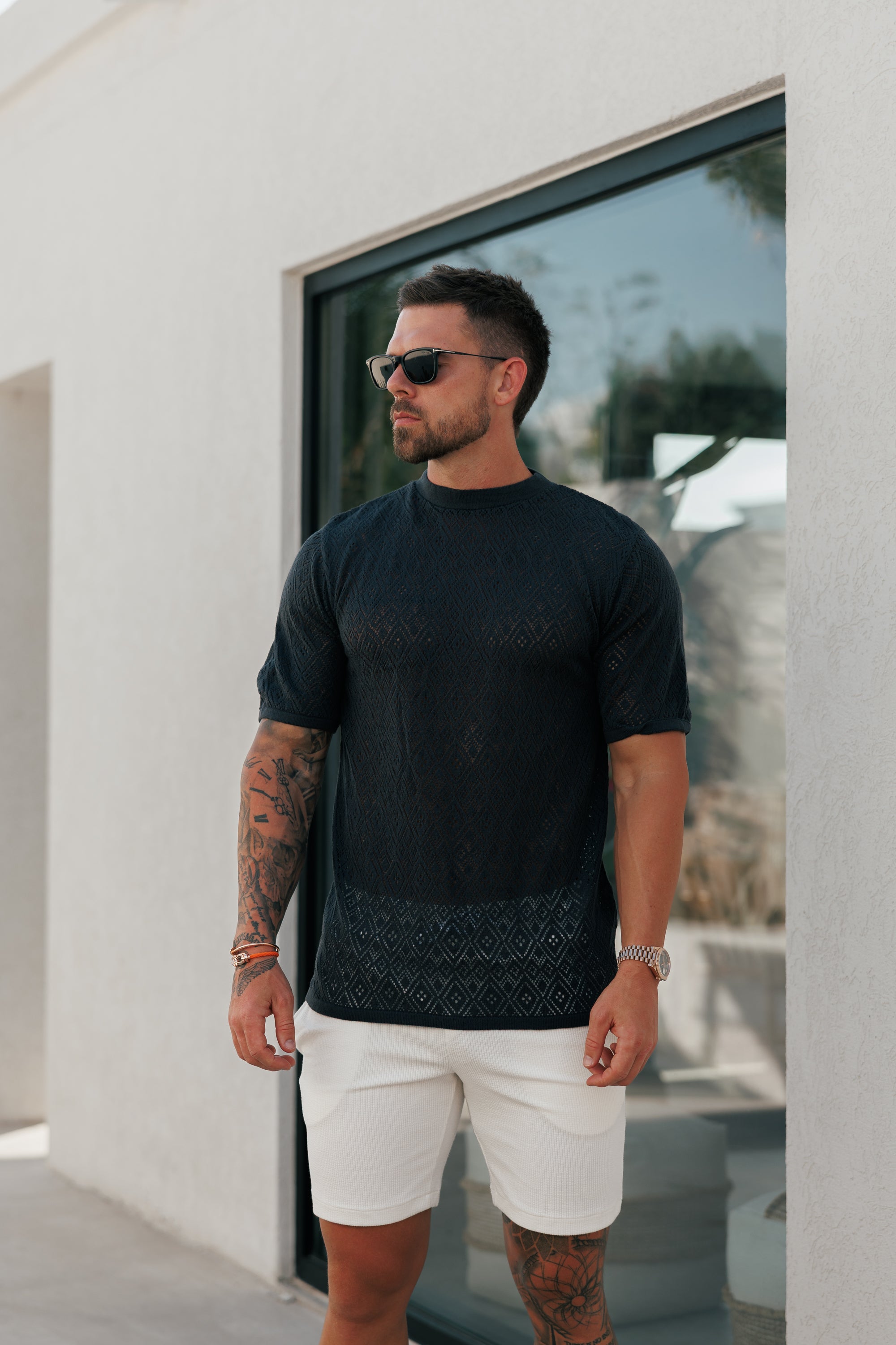 Crochet Crew T-Shirt Navy Short Sleeve - FSJ090