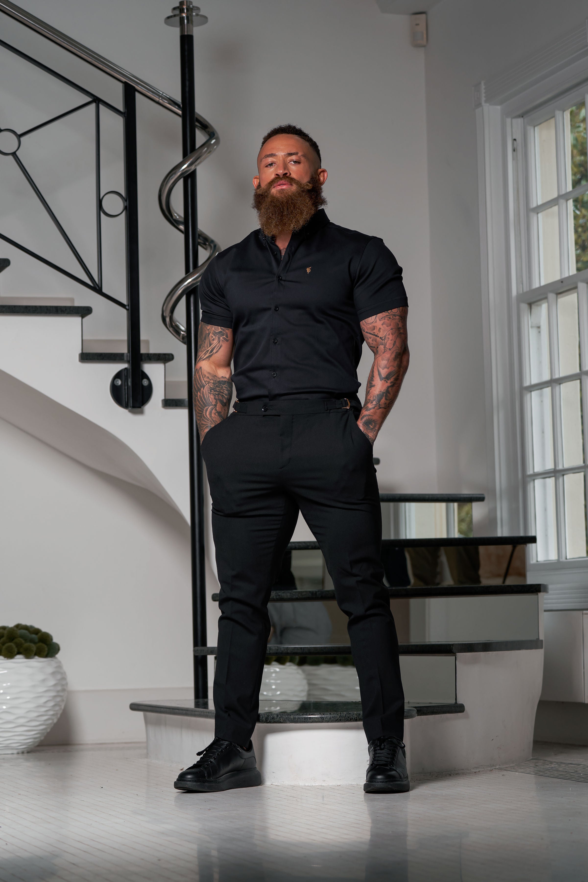 Super Slim Stretch Black Denim Short Sleeve with Gold Metal Decal and Button Down Collar - FS1041