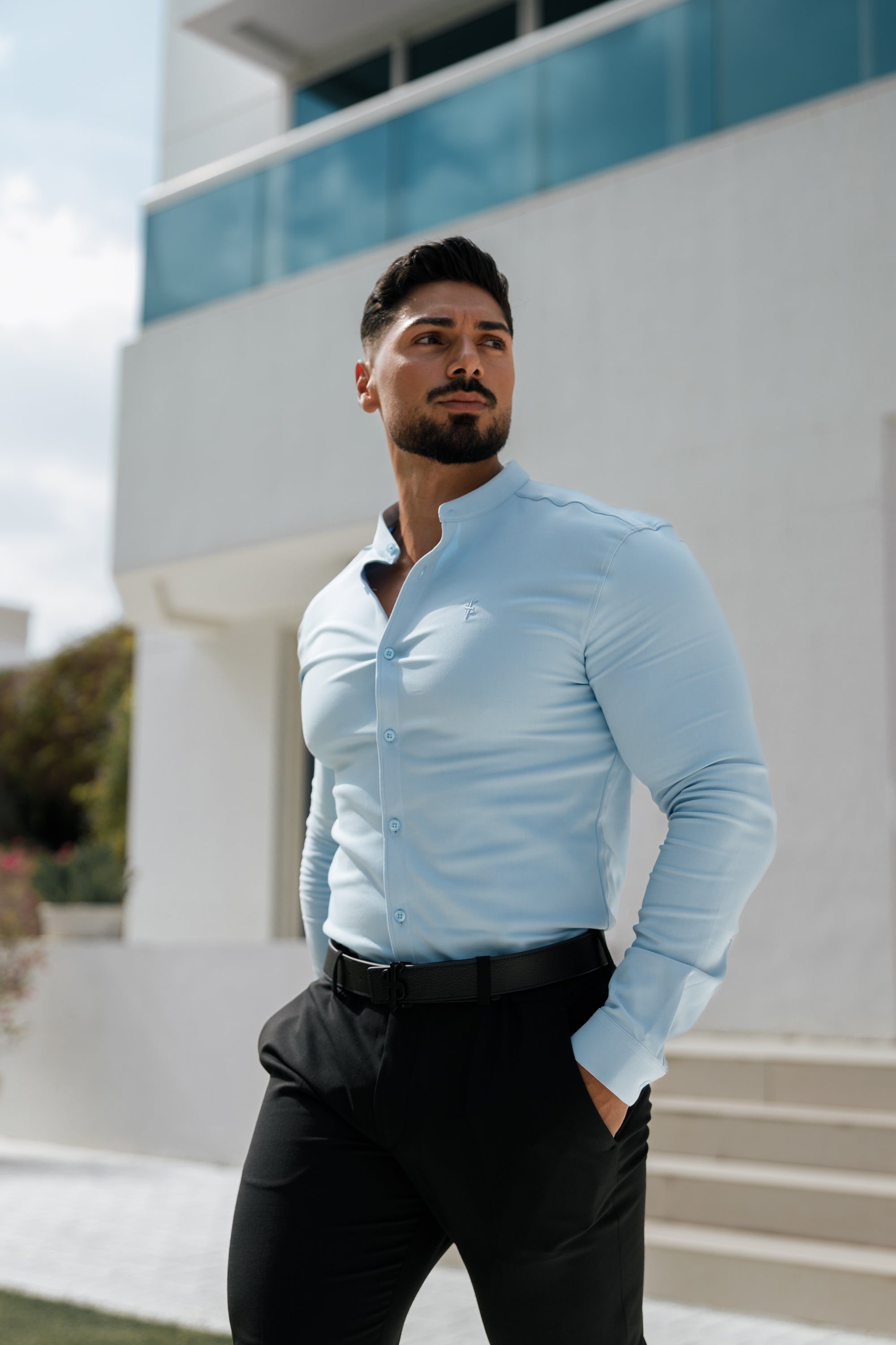 Super Slim Scuba Light Blue Long Sleeve Stretch With Grandad Collar - FS1002