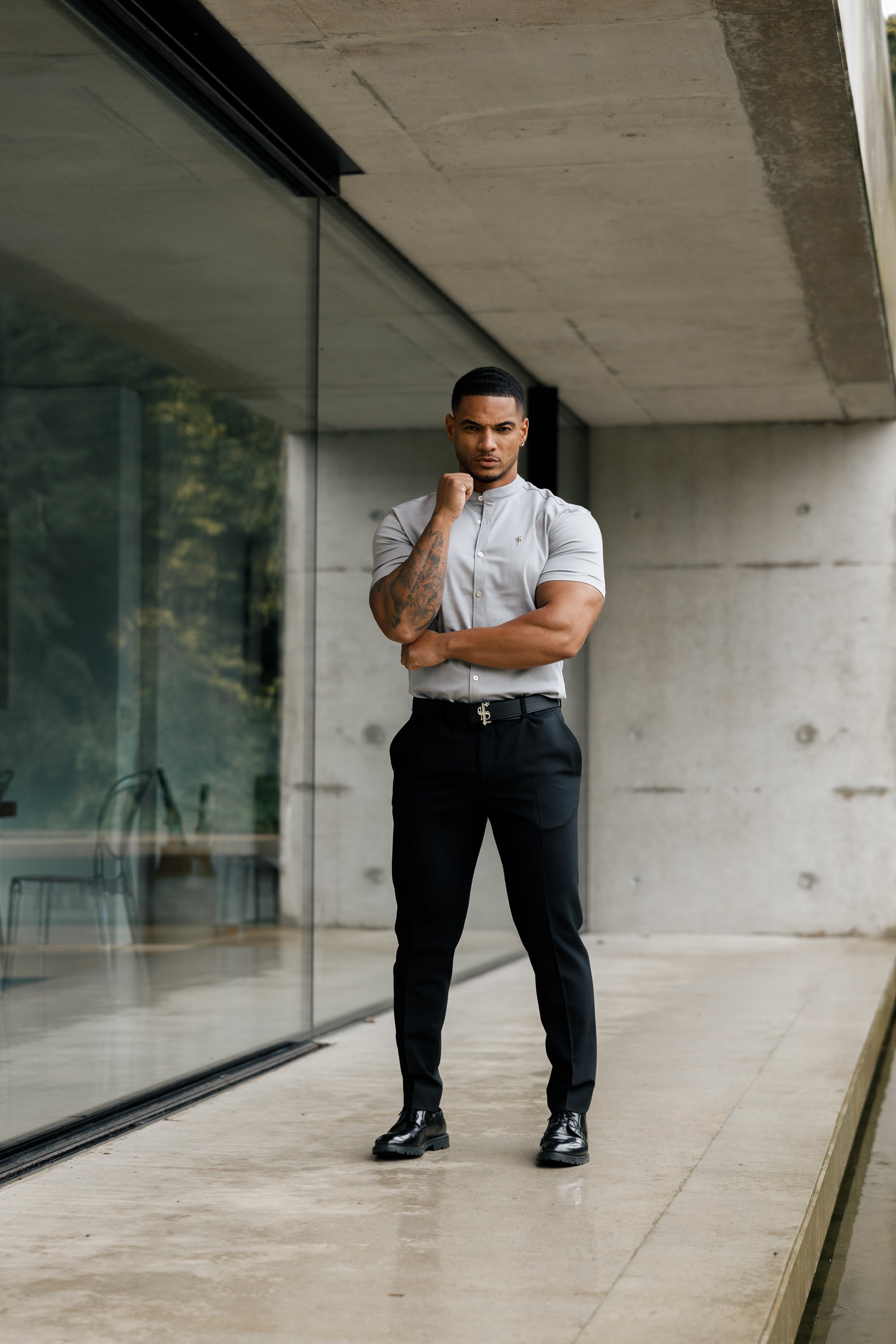 Super Slim Stretch Grey Denim Short Sleeve With Grandad Collar and Silver Metal Buttons and Decal - FS963