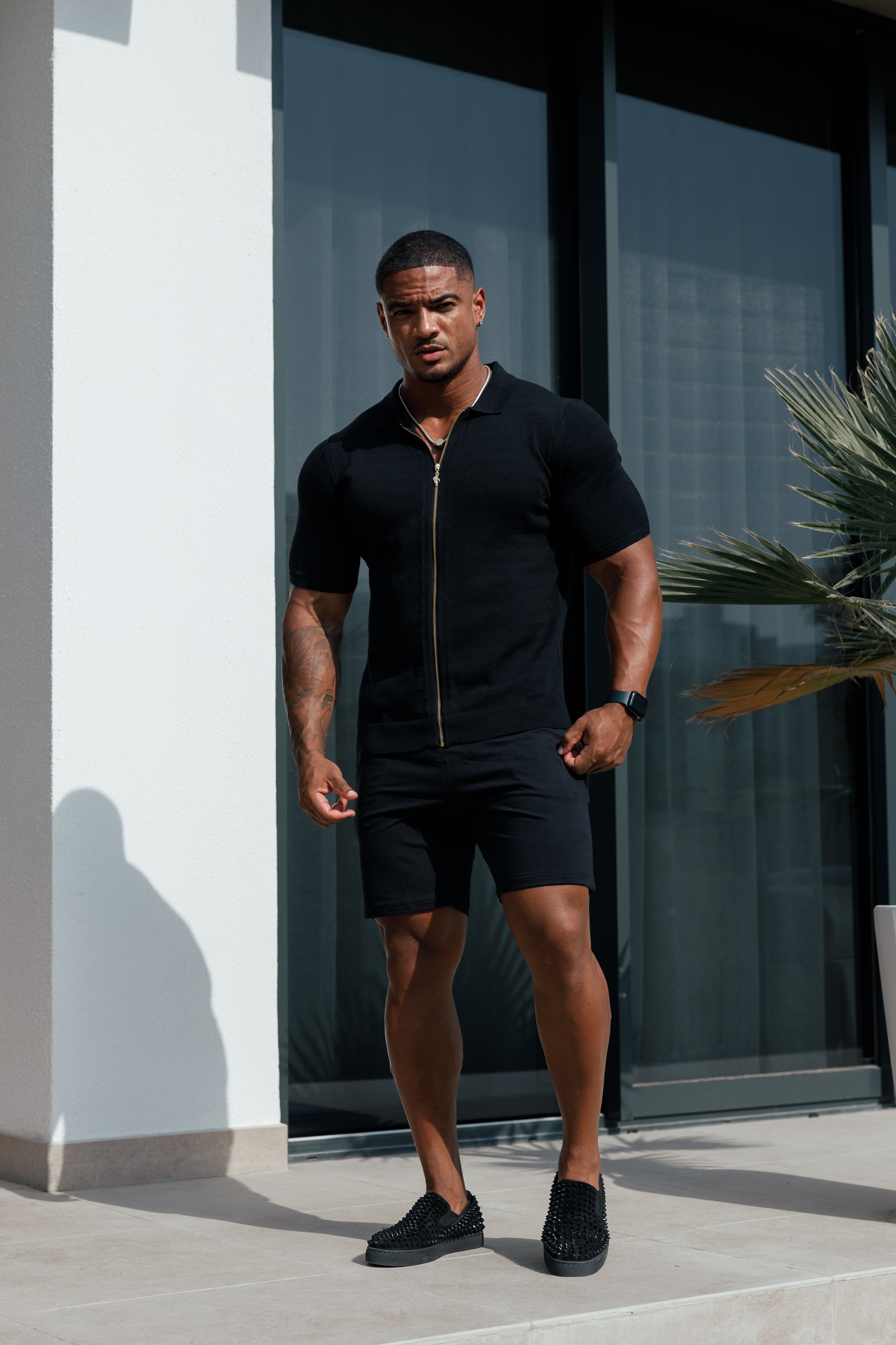 Classic Knitted Textured Design With Full Length Zip Black Short Sleeve - FSN151
