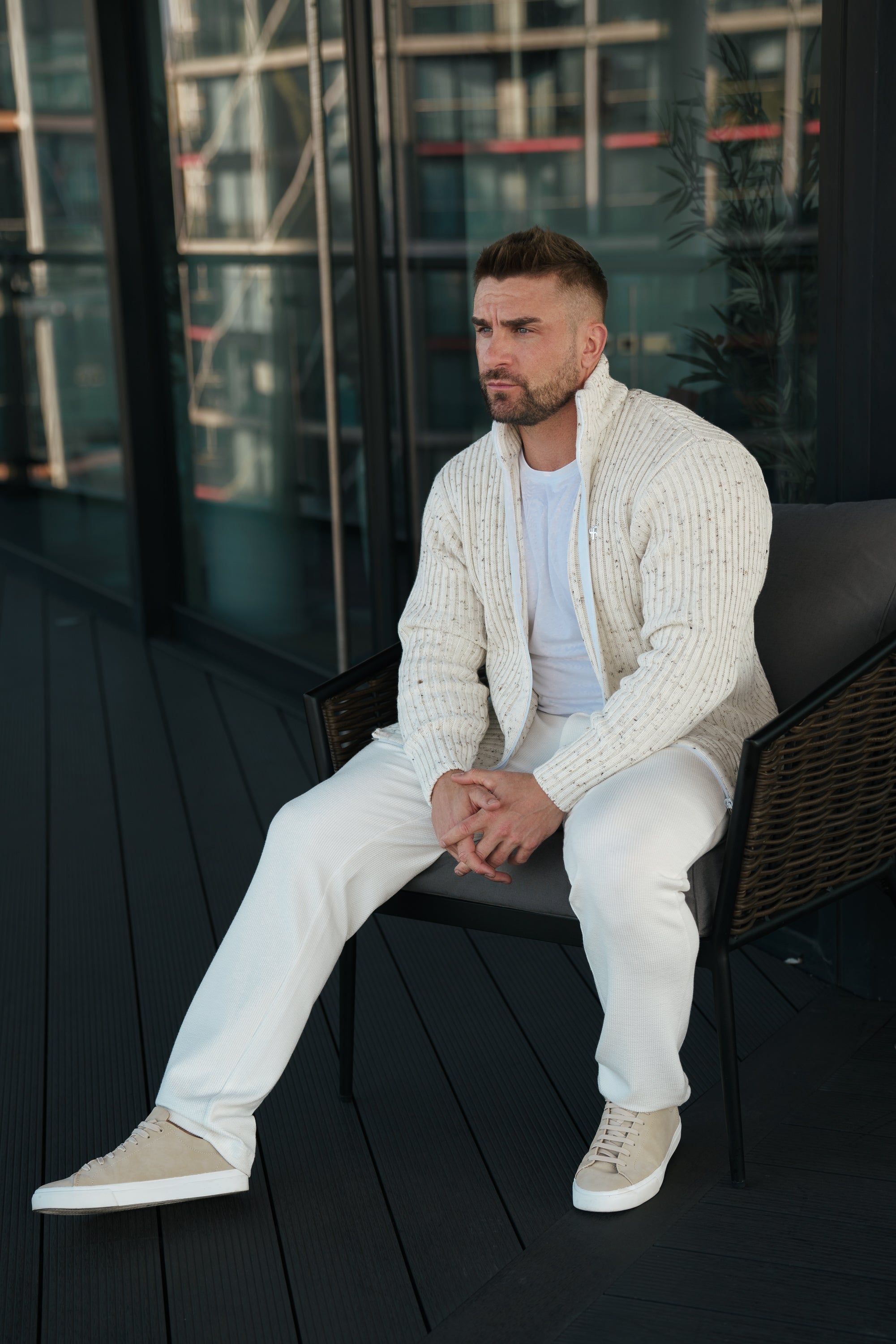 Chunky Beige Flecks Ribbed Zipped Cardigan - FSJ070