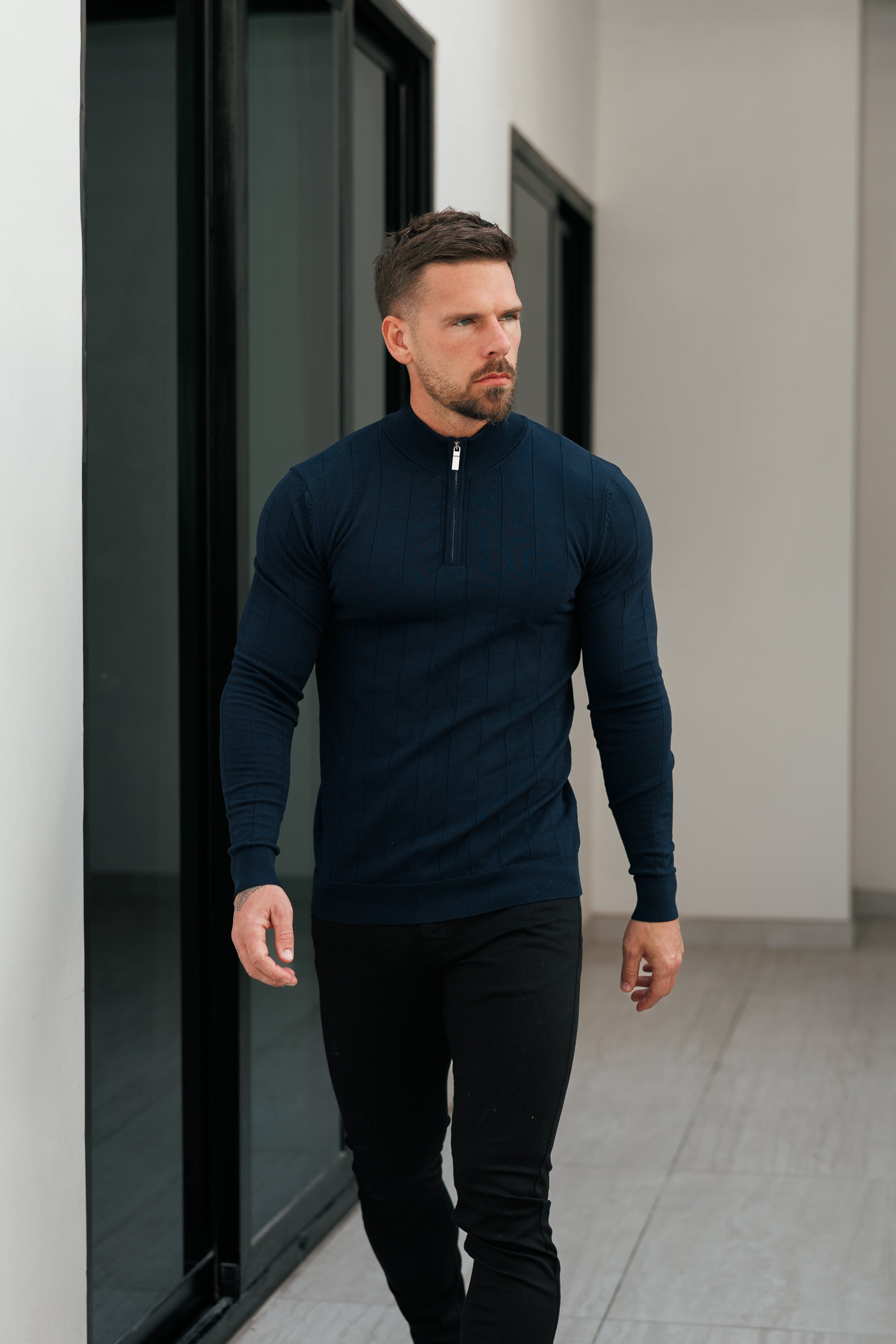 Self Stripe 1/4 Zip Funnel Neck Knit Jumper Navy Long Sleeve - FSR049