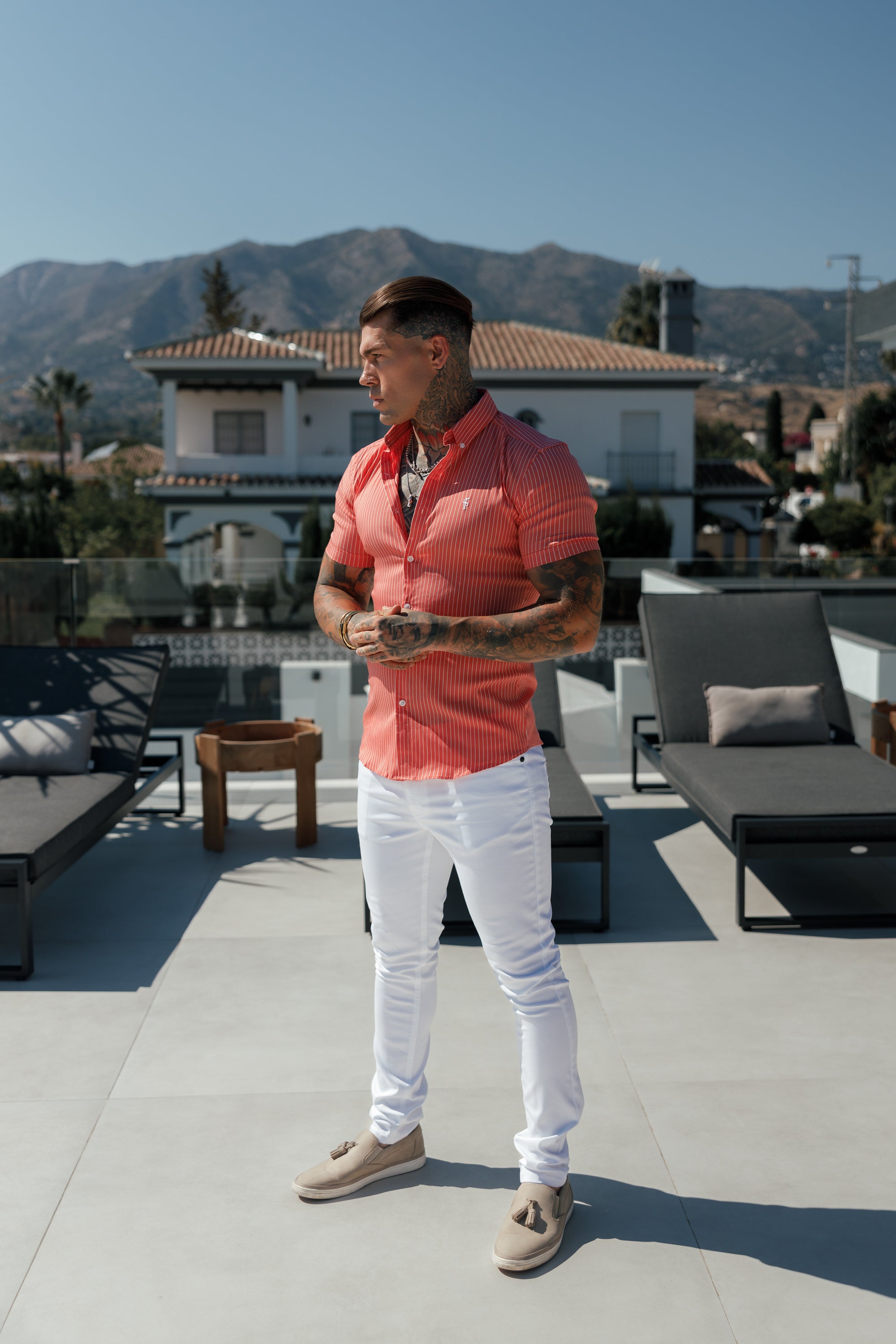 Super Slim Stretch Coral Printed Pinstripe Short Sleeve with Button Down Collar - FS1062