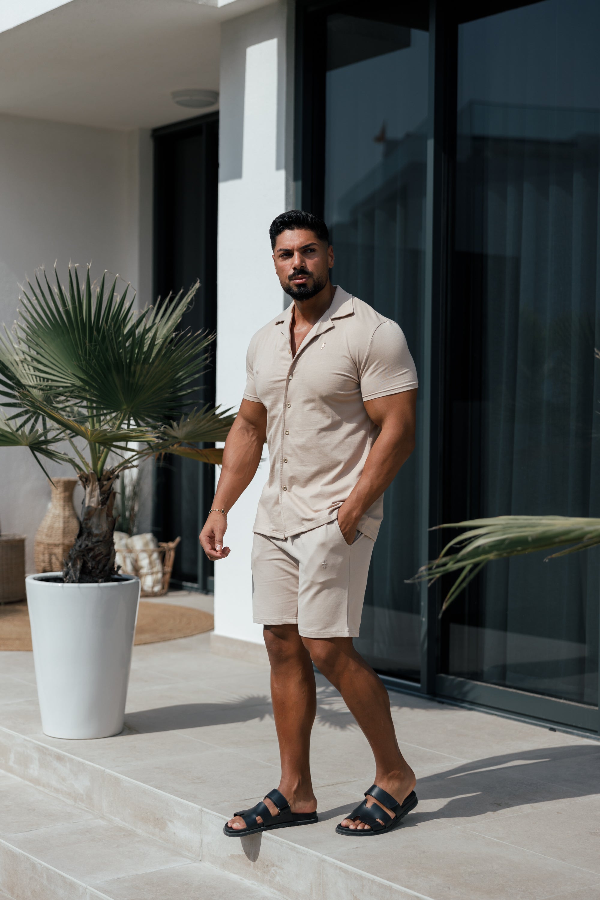 Stretch Beige / Gold Pique Revere Shirt Short Sleeve - FSH1075
