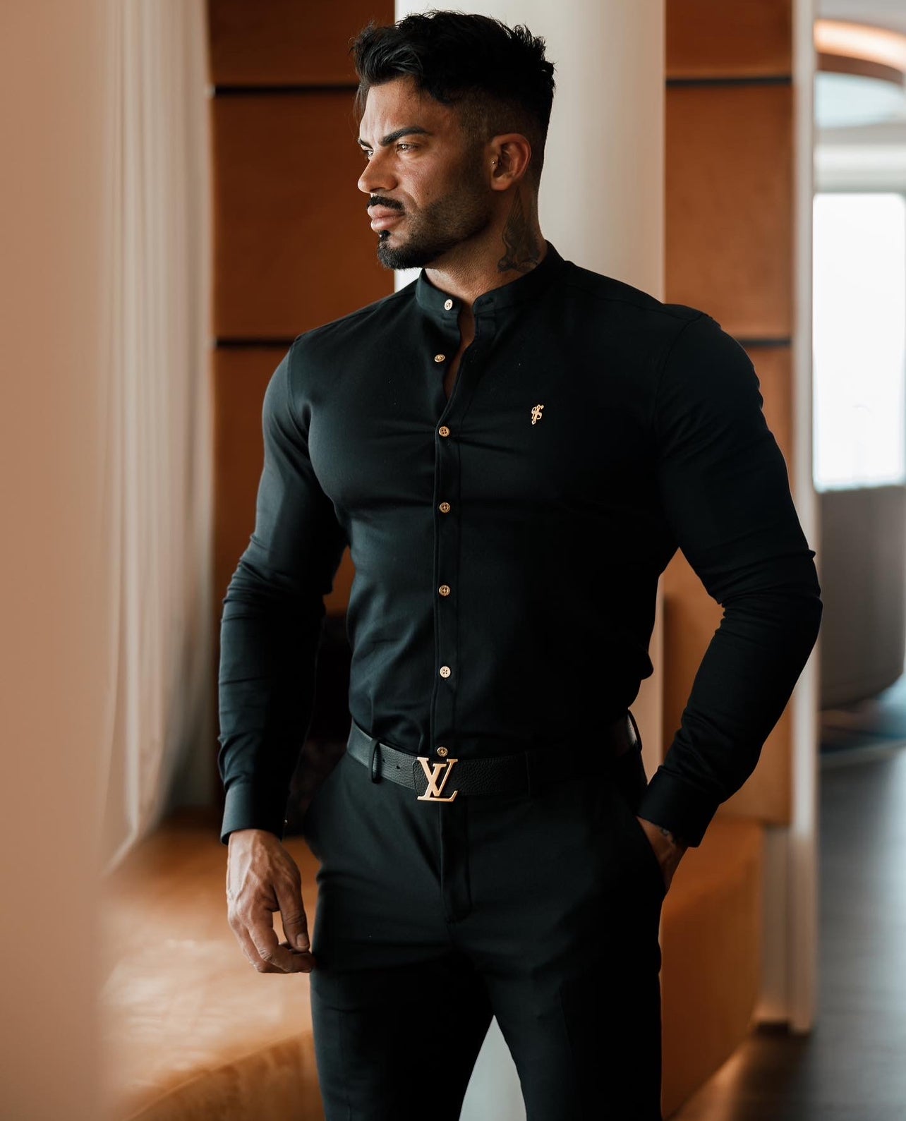 Super Slim Stretch Black Denim Long Sleeve Grandad collar with Metal Buttons and Decal Emblem - FS707